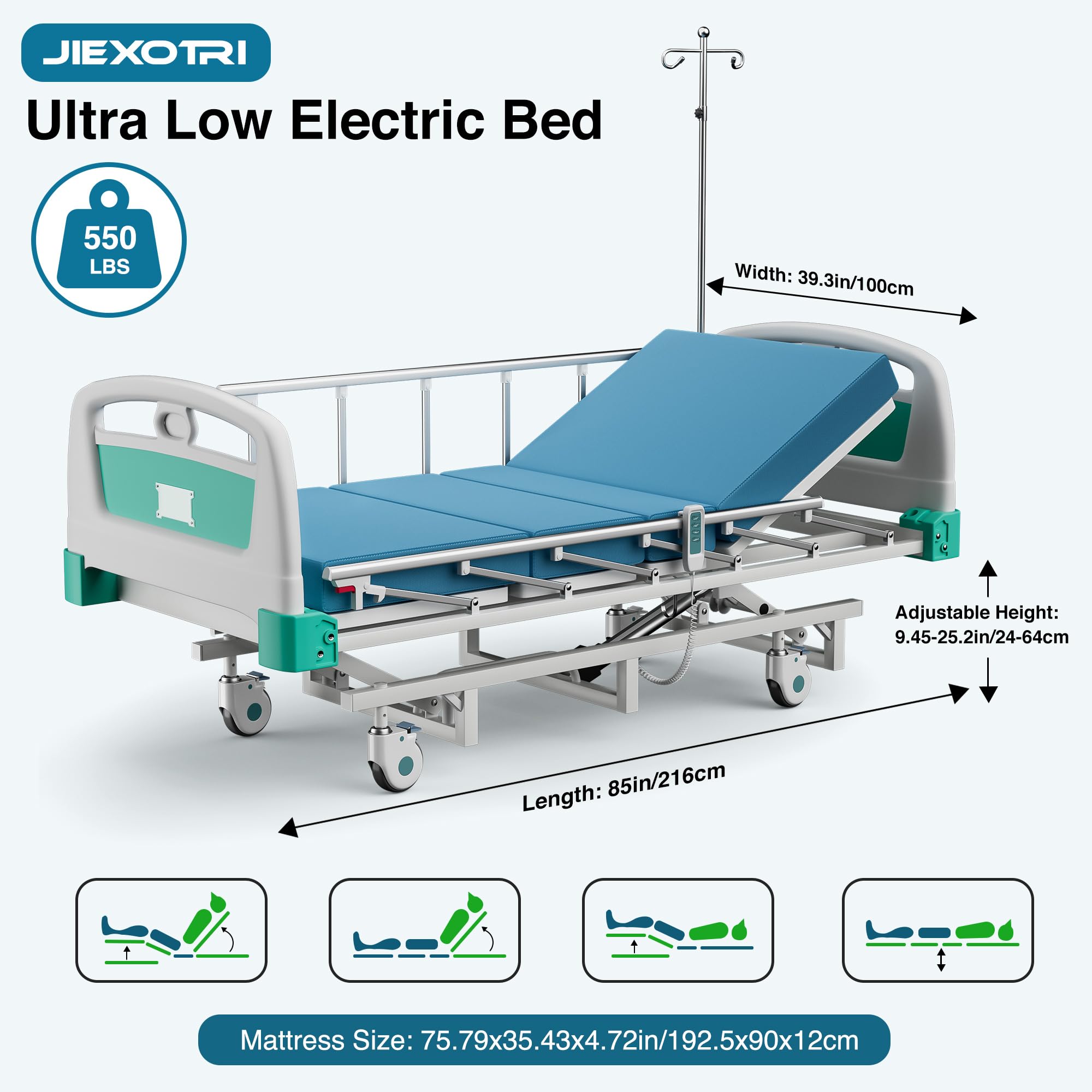 Premium Full Electric Hospital Bed - 3 Function Adjustable Medical Nursing Bed with 4.7