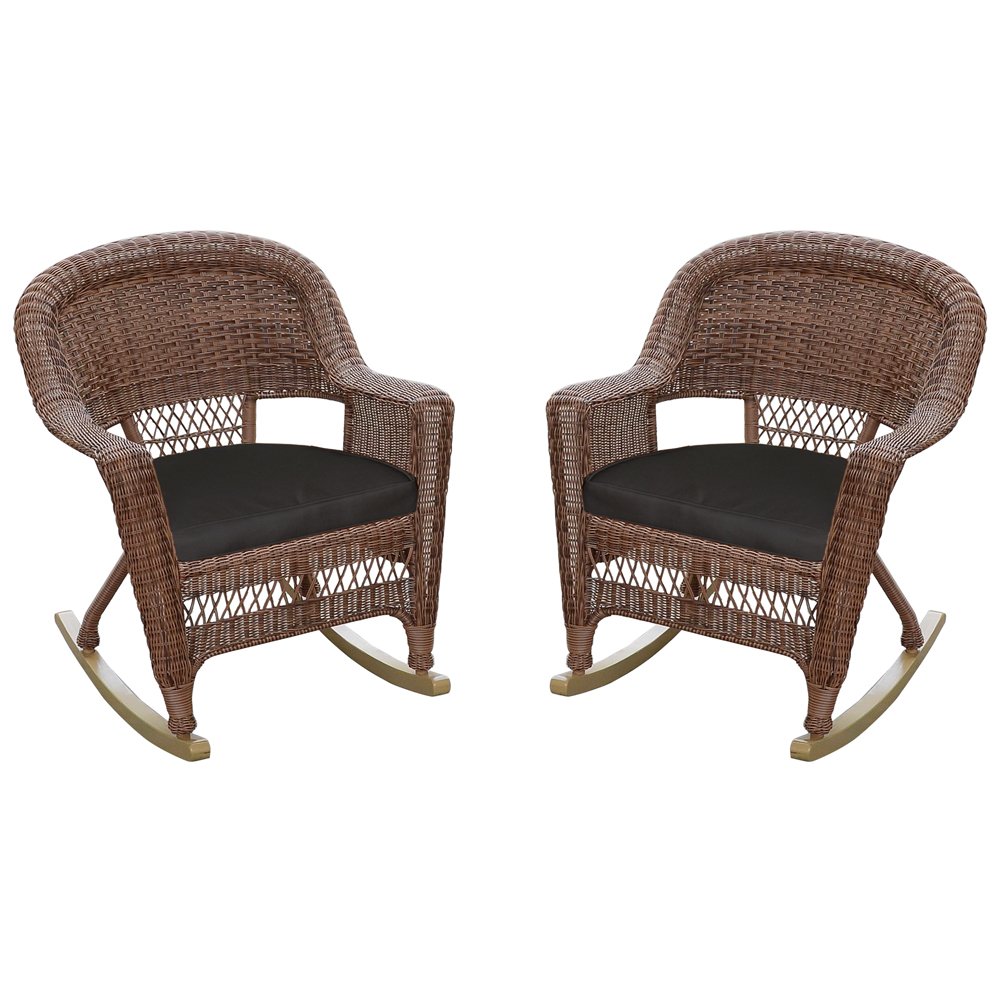 Jeco Rocker Wicker Chair with Black Cushion, Set of 2, Honey Brown - Outdoor Patio Furniture for Porch, Garden, Poolside & Backyard Relaxation