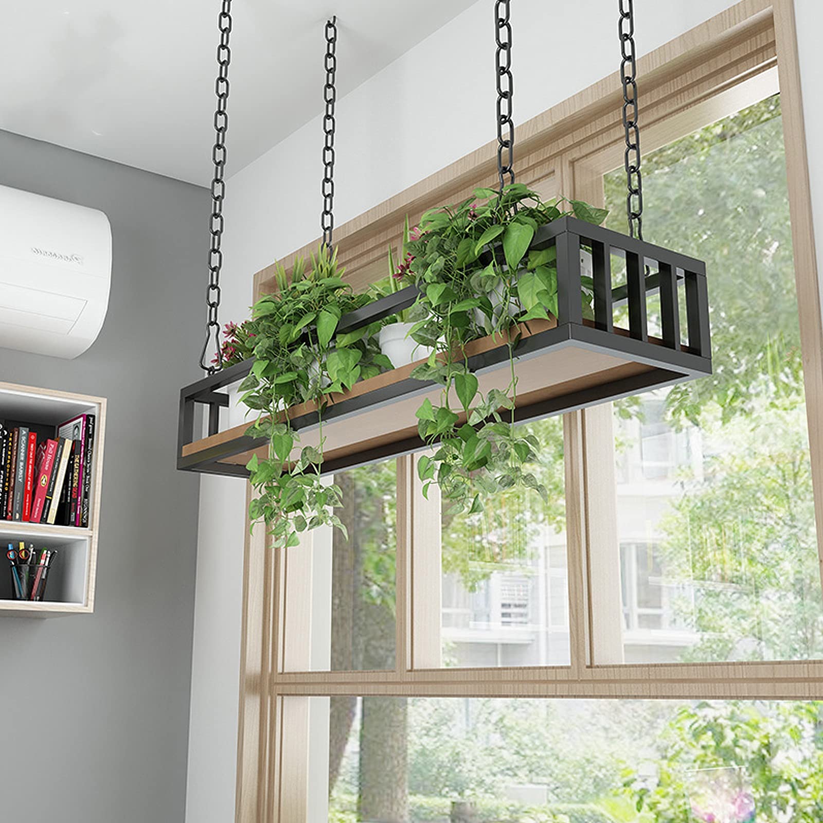 Hanging Flower Pot Rack Storage - Solid Wood & Iron Ceiling Mount Plant Shelf for Balcony, Bar, or Flower Shop | Space-Saving Vertical Garden Organizer for Indoor/Outdoor Decor
