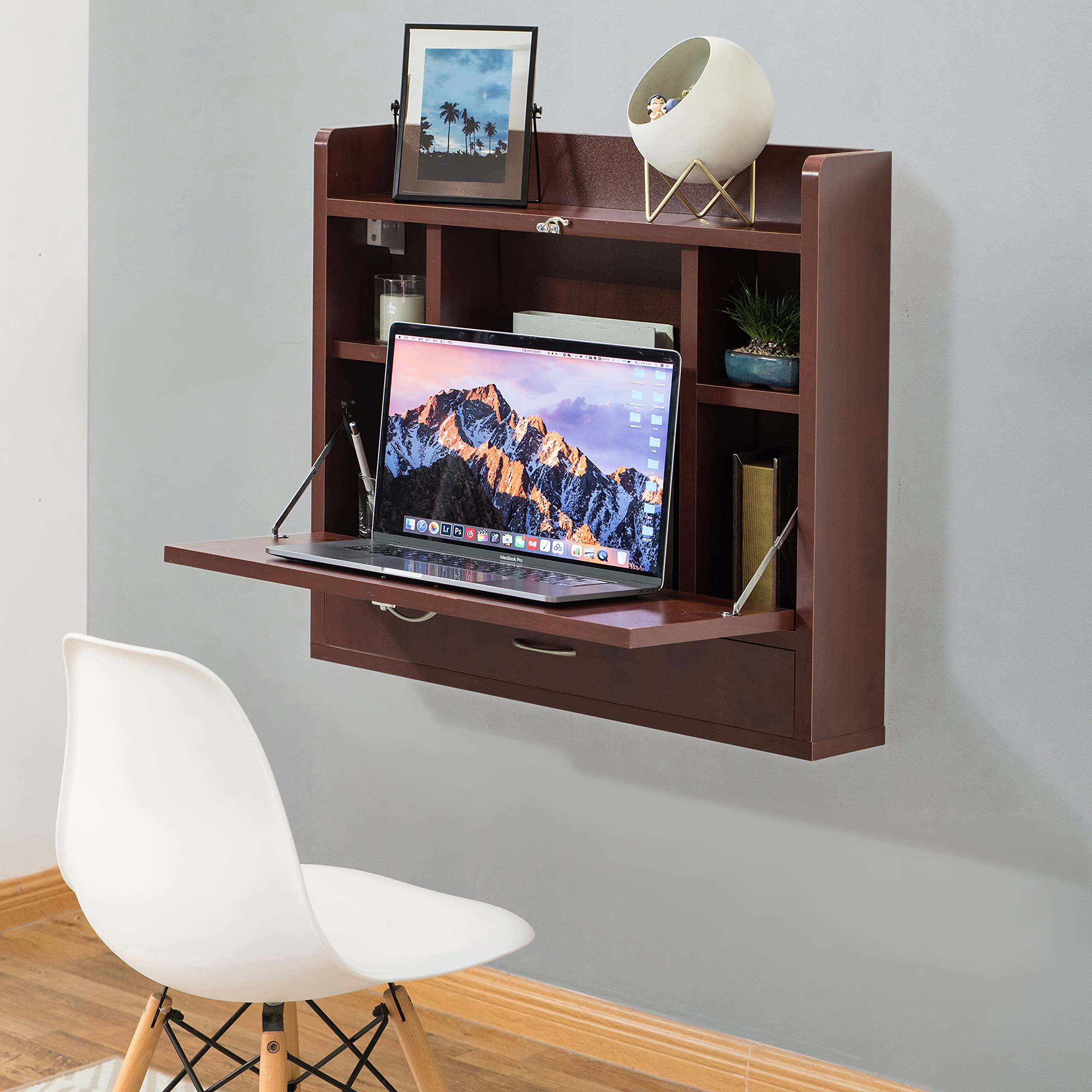 Basicwise Wall Mount Folding Desk for Laptop, Writing & Makeup - Space Saving Computer Desk with Storage Shelves & Drawer in Cherry Finish - Perfect for Small Apartments, Home Offices & Dorm Rooms
