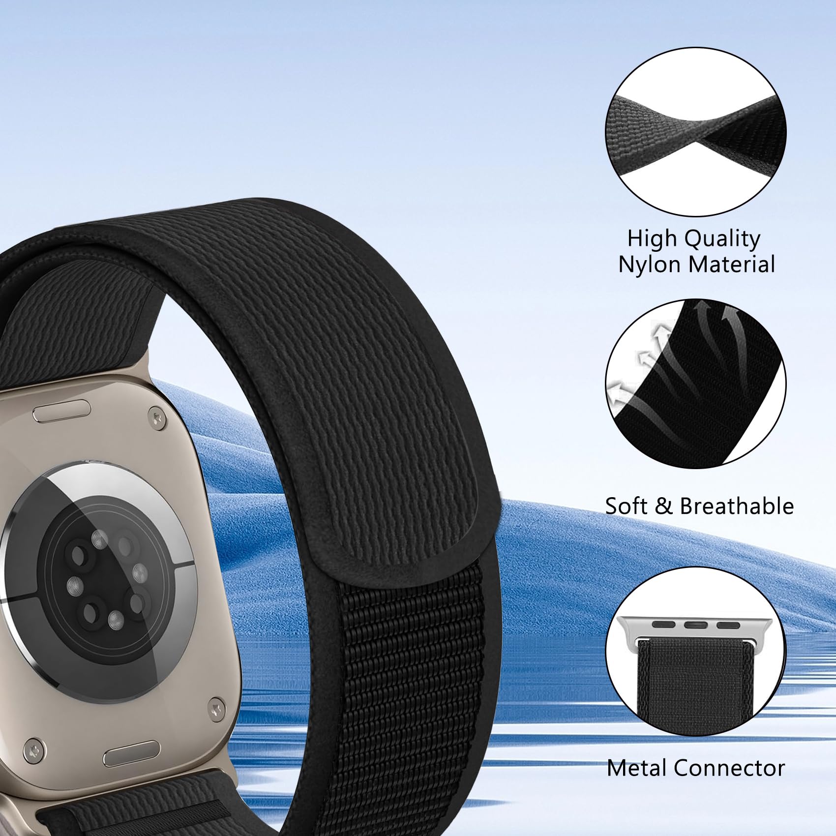 4 Pack Nylon Bands for Apple Watch Ultra 2/Ultra/Series 10/9/8/7/6/SE/5/4/3/2 - 49mm 46mm 45mm 44mm Sport & Trail Loop Replacement Straps for Men & Women - Breathable & Durable for Running, Hiking & Daily Wear