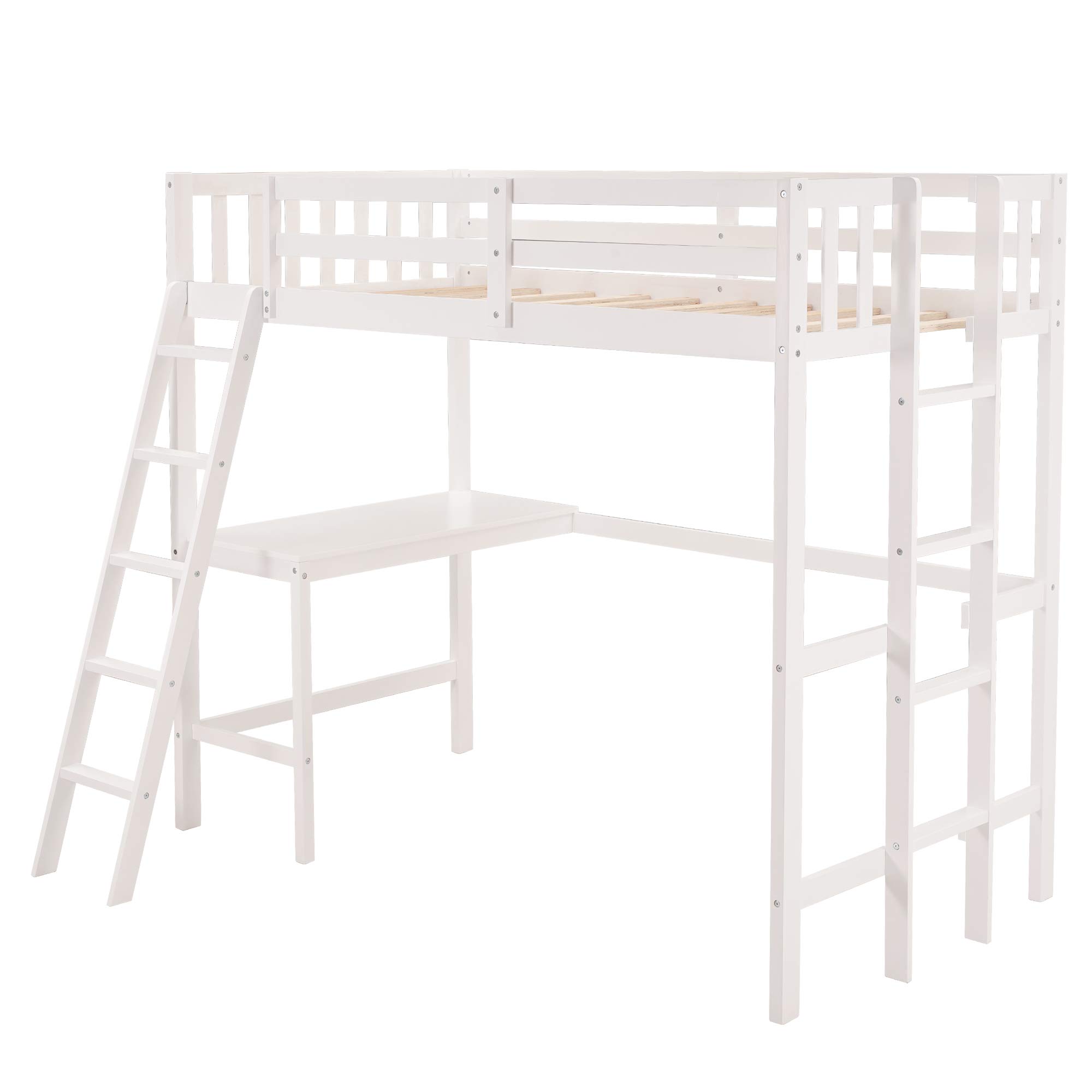 Solid Wood Twin Loft Bed with Desk & 2 Ladders - Space Saving Kids/Teens/Adults Loft Bed Frame - No Box Spring Needed (White) - Perfect for Small Bedrooms, Dorms & Studio Apartments