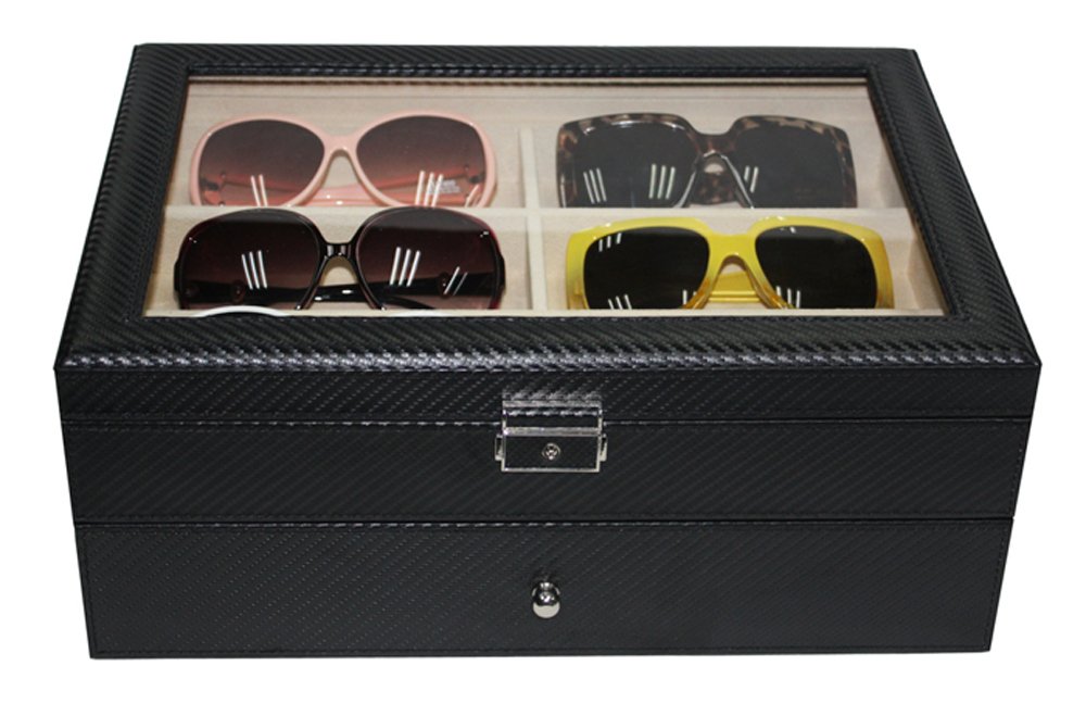 12-Piece Extra Large Black Carbon Fiber Eyeglass Display Case with Drawer - Personalized Eyewear Storage for Optical Shops & Home Organization