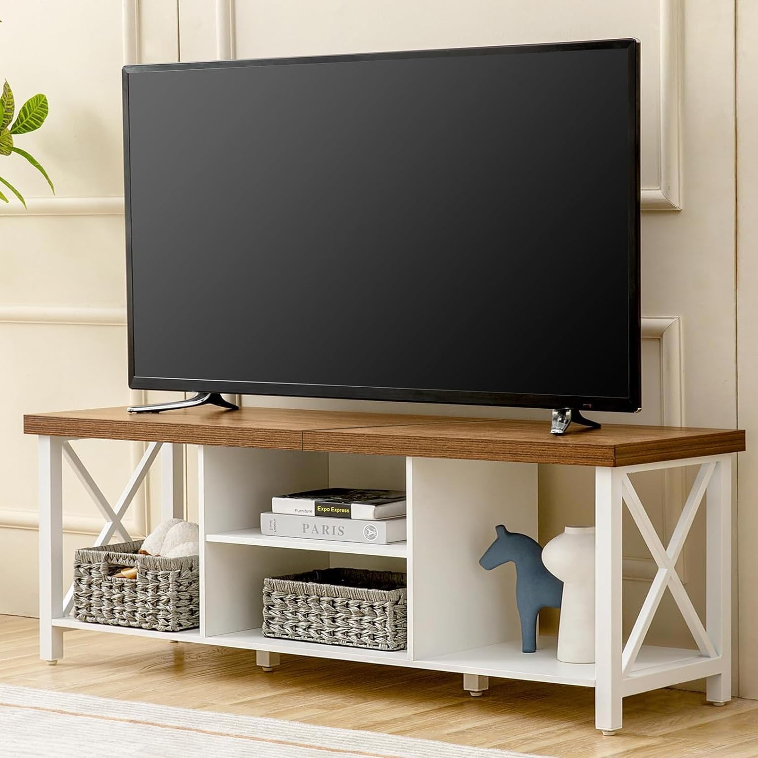 GAZHOME 65 Inch TV Stand with Open Storage & Shelves - Modern TV Cabinet for Living Room & Entertainment Center - White - Perfect for Home Theater & Media Organization