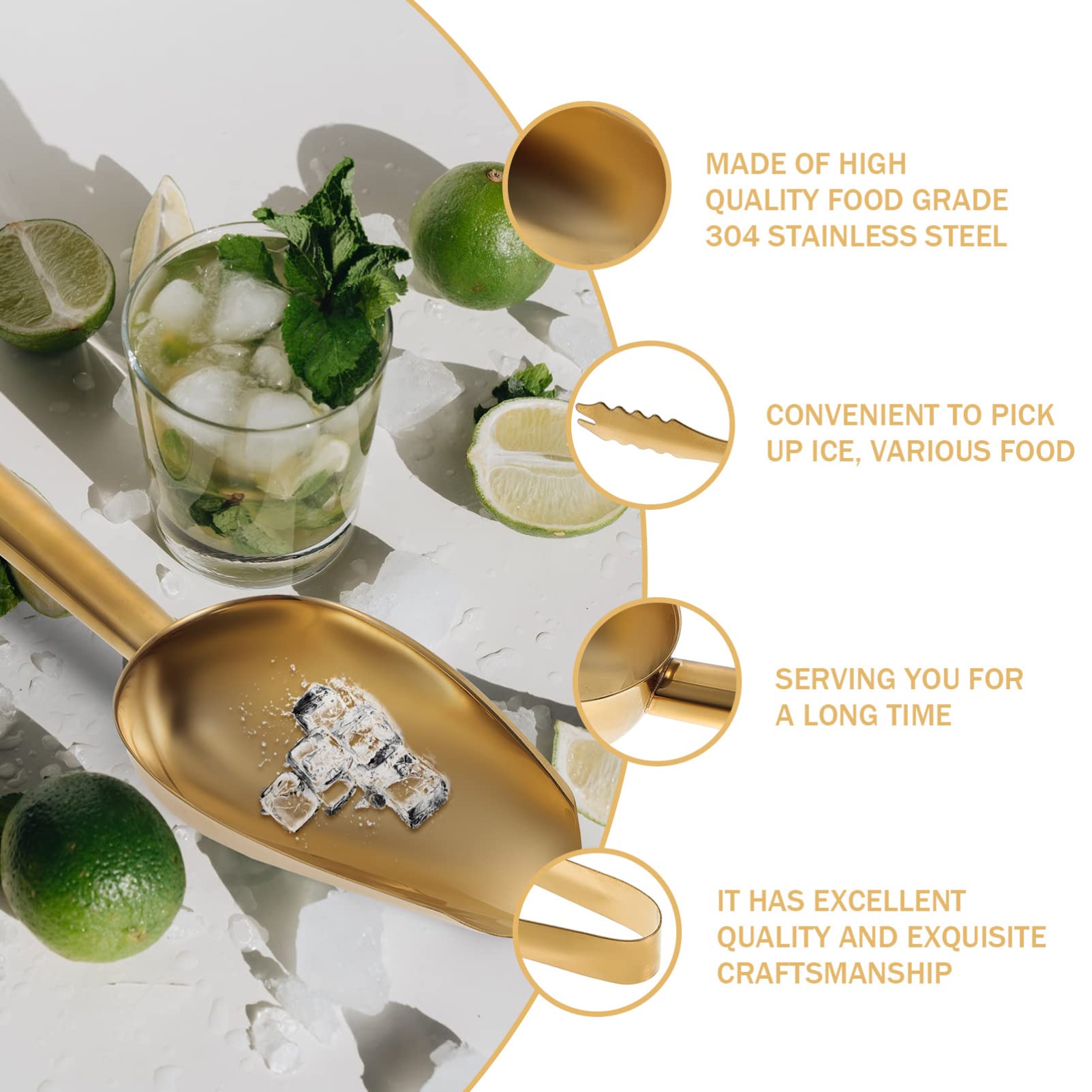 Hemoton Stainless Steel Ice Scoop with Clip - Multi-Function Ice Shovel & Tong for Cocktails, Bartending, Party Serving - Easy to Clean & Durable Bar Accessory for Home & Commercial Use