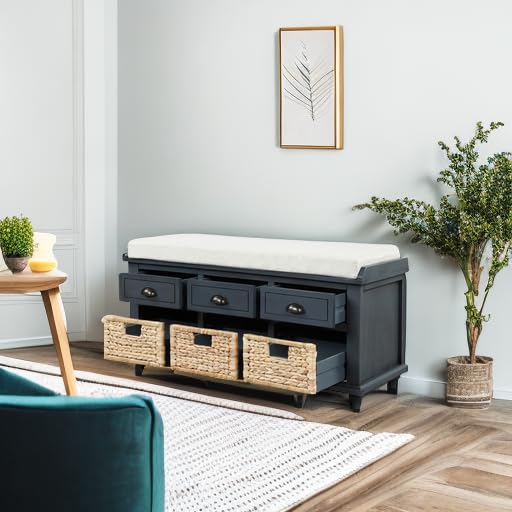 P PURLOVE Wood Storage Bench with Drawers & Baskets - Entryway Shoe Bench for Living Room, Hallway, Home Organization