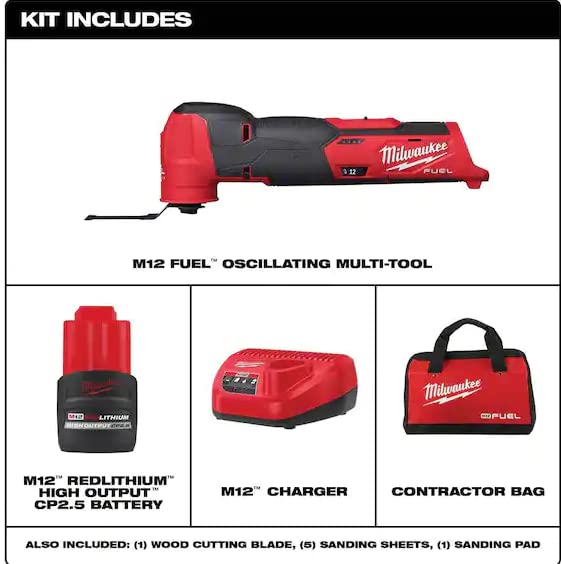 Milwaukee M12 FUEL 12V Lithium-Ion Cordless Oscillating Multi-Tool Kit with High Output 2.5Ah Battery, Charger, Accessories & Tool Bag - Perfect for DIY Projects, Woodworking, Metal Cutting, and Home Renovations