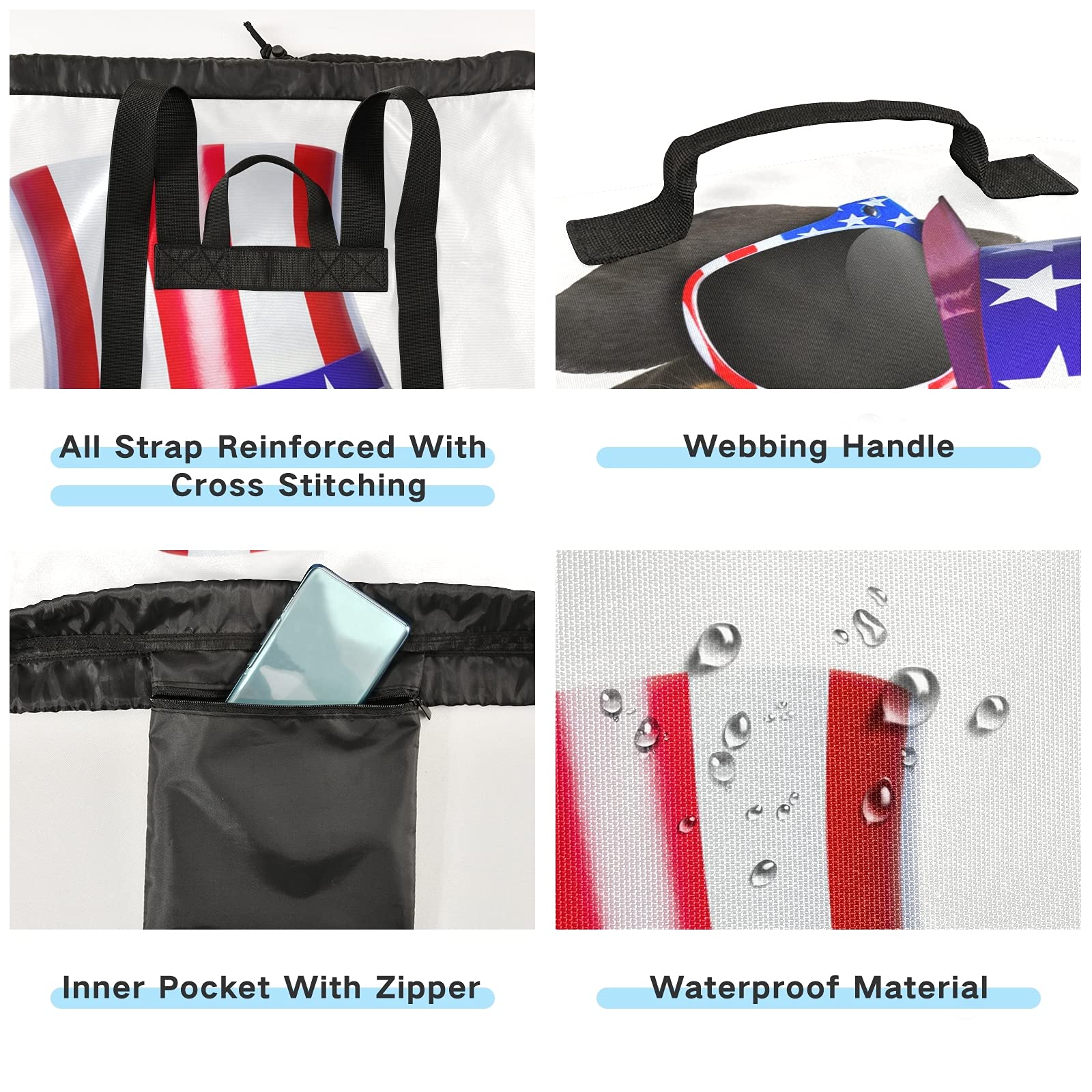 Dachshund Sausage Dog USA Flag Backpack - Adjustable Shoulder Straps Laundry Bag & Drawstring Hamper Basket for Dirty Clothes, Toy Storage - Perfect for Dorm, Travel, Camping & Pet Lovers