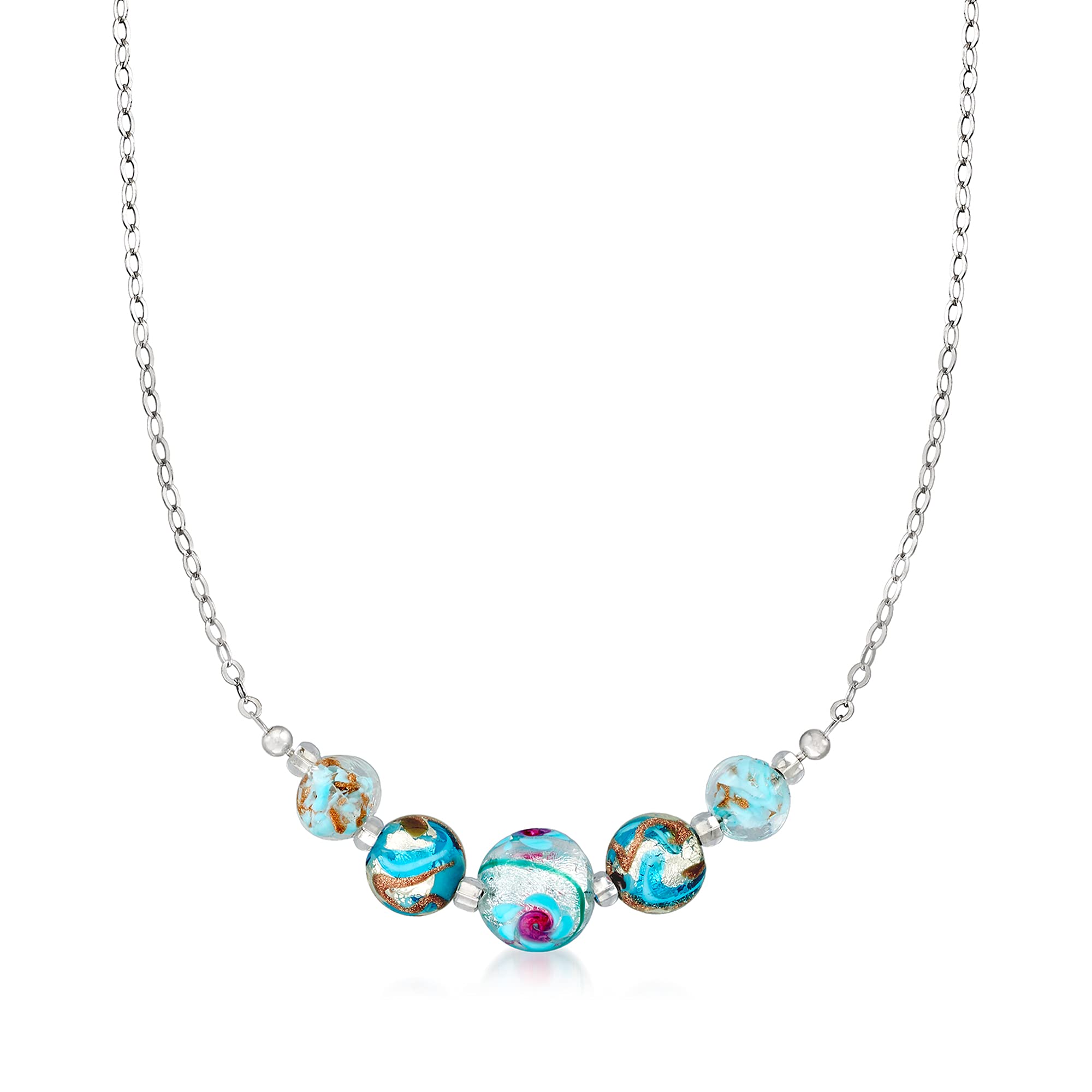 Ross-Simons Italian Multicolored Murano Glass Bead Necklace in Sterling Silver - 18 Inch Handmade Jewelry for Women, Gift for Her, Birthday, Anniversary, Wedding, Party & Special Occasions