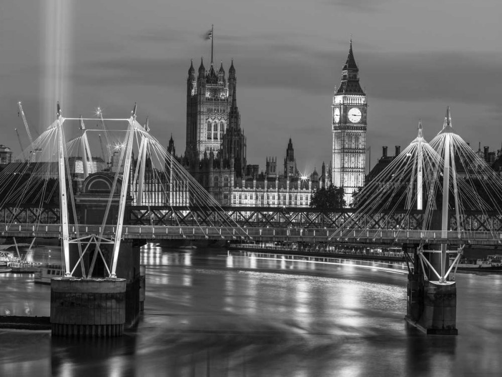 Golden Jubilee Bridge Evening Art Print - Westminster Abbey & River Thames Landscape - European Wall Decor for Living Room, Office & Bedroom