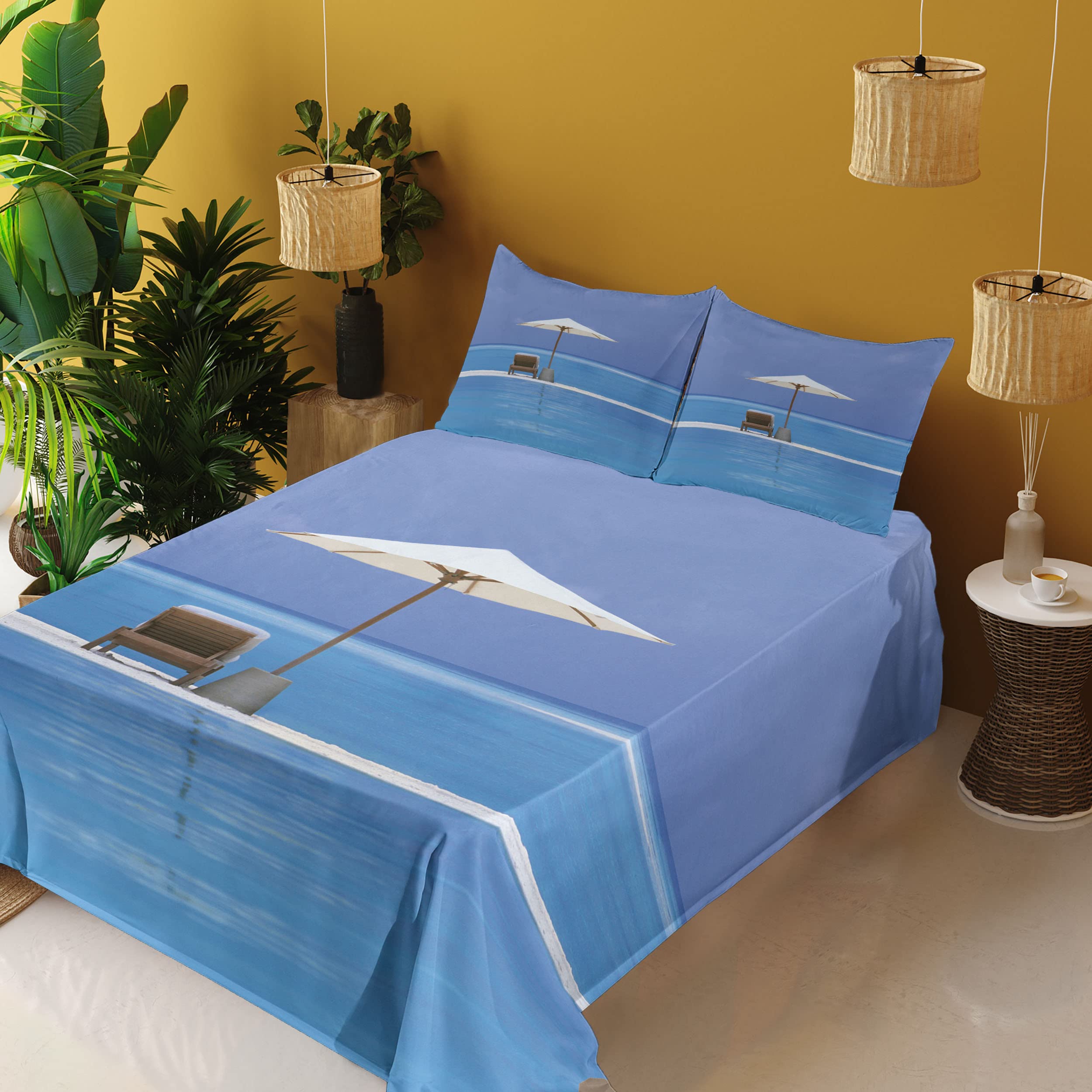 Ambesonne 4-Piece King Size Seaside Sheet Set - Ocean Seascape with Beach Chairs & Umbrella Design, Blue & Beige Bedding Set Includes Fitted Sheet, Flat Sheet & 2 Pillowcases | Perfect for Beach-Themed Bedrooms, Coastal Decor & Vacation Homes