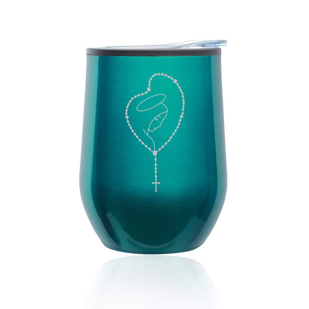 Stemless Wine Tumbler with Lid - 16oz Insulated Coffee Travel Mug Glass - Turquoise Teal Rosary Mary Design - Perfect for Home, Office, Camping & Gifts