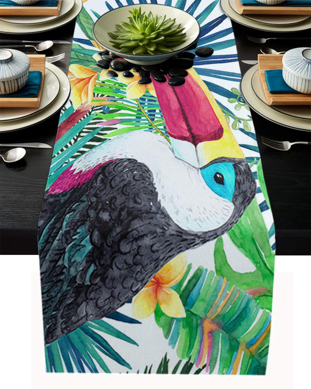 LooPoP Banana Leaf Tropical Table Runner - 36 Inch Cotton Linen Table Scarf for Farmhouse, Wedding & Holiday Decor - Green Palm Birds Nordic Style Dining Table Decoration - Perfect for Tropical Themed Parties, Beach Weddings & Boho Home Decor