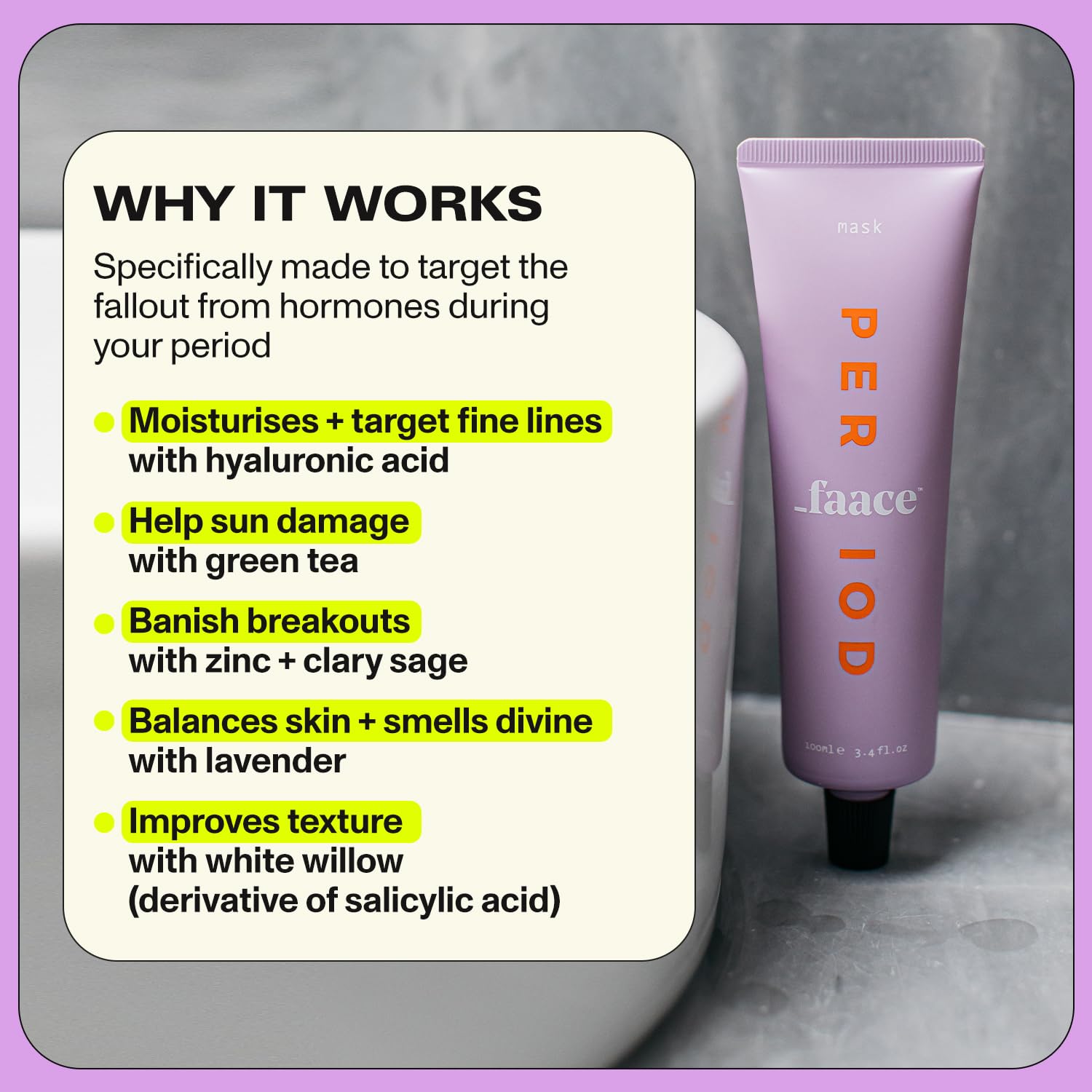 Faace New Period Face Mask - Vegan Daily Face Cream for Hormonal Skin with Hyaluronic Acid, Aloe Vera & Green Tea | Cruelty-Free Organic Skincare Made in UK (100ml, 40 Uses) | Perfect for PMS Relief & Sensitive Skin Care Routine