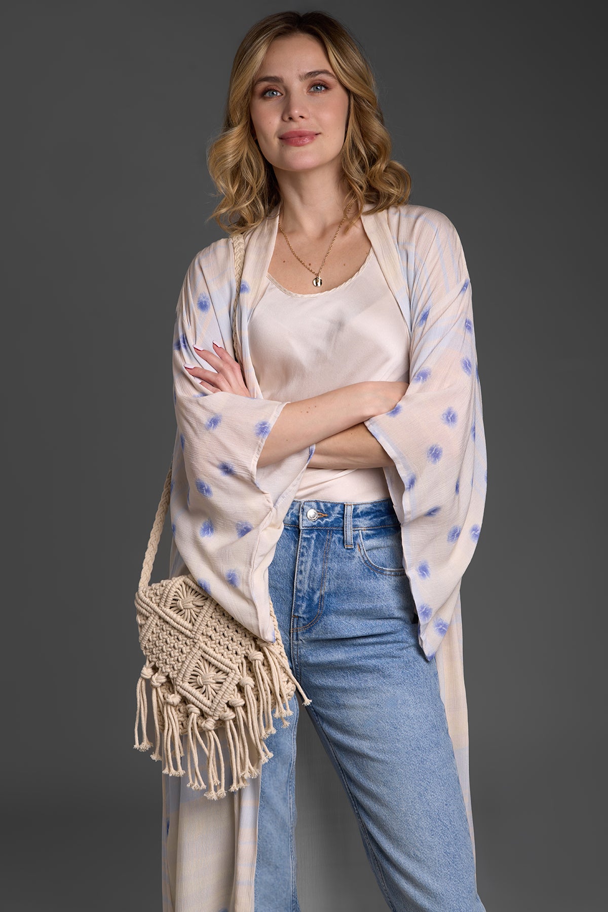 Soft Blue Dot Kimono - Lightweight Floral Printed Japanese Robe for Women - Perfect for Spa, Yoga, and Relaxation at Home