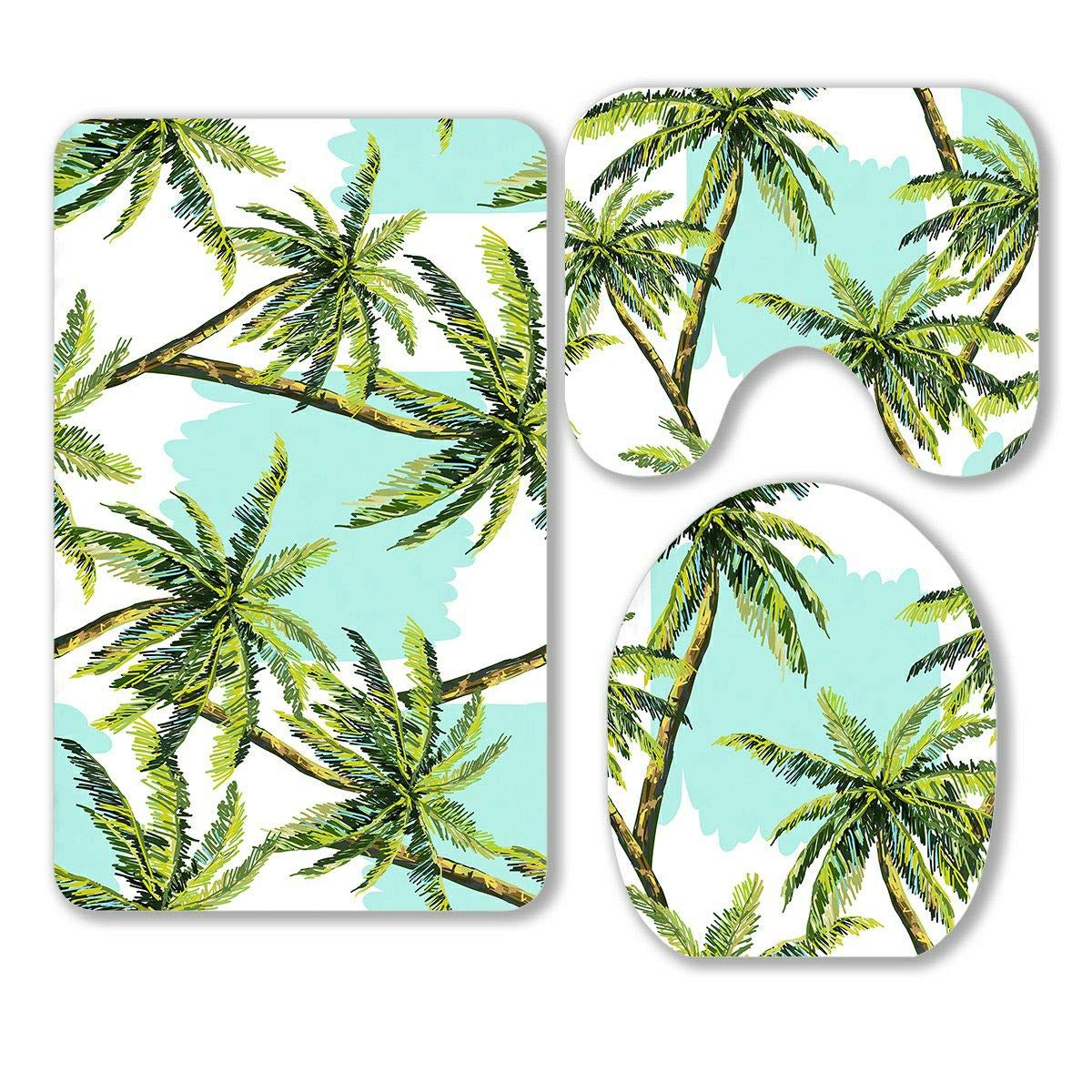 Floral Summer Bathroom Rugs Set - 3 Piece Non-Slip Bath Mat, Contour Rug & Toilet Lid Cover with Palm Tree Design | Soft Absorbent Microfiber for Bath, Shower & Vanity Areas