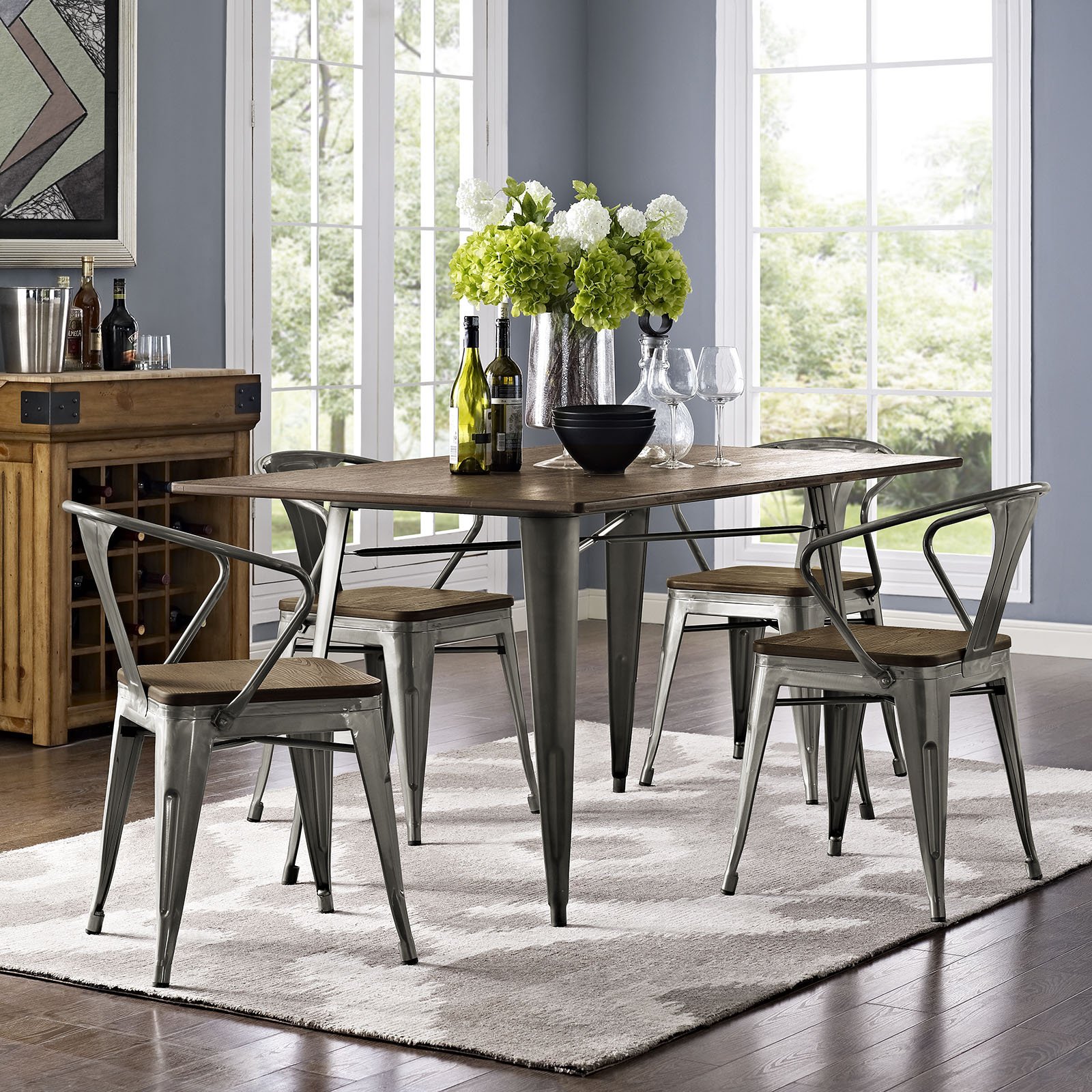 Modway Alacrust 59-Inch Rustic Modern Farmhouse Dining Table - Solid Wood Rectangle Table with Sturdy Steel Legs in Rich Brown Finish | Perfect for Kitchen, Dining Room & Cozy Farmhouse Decor