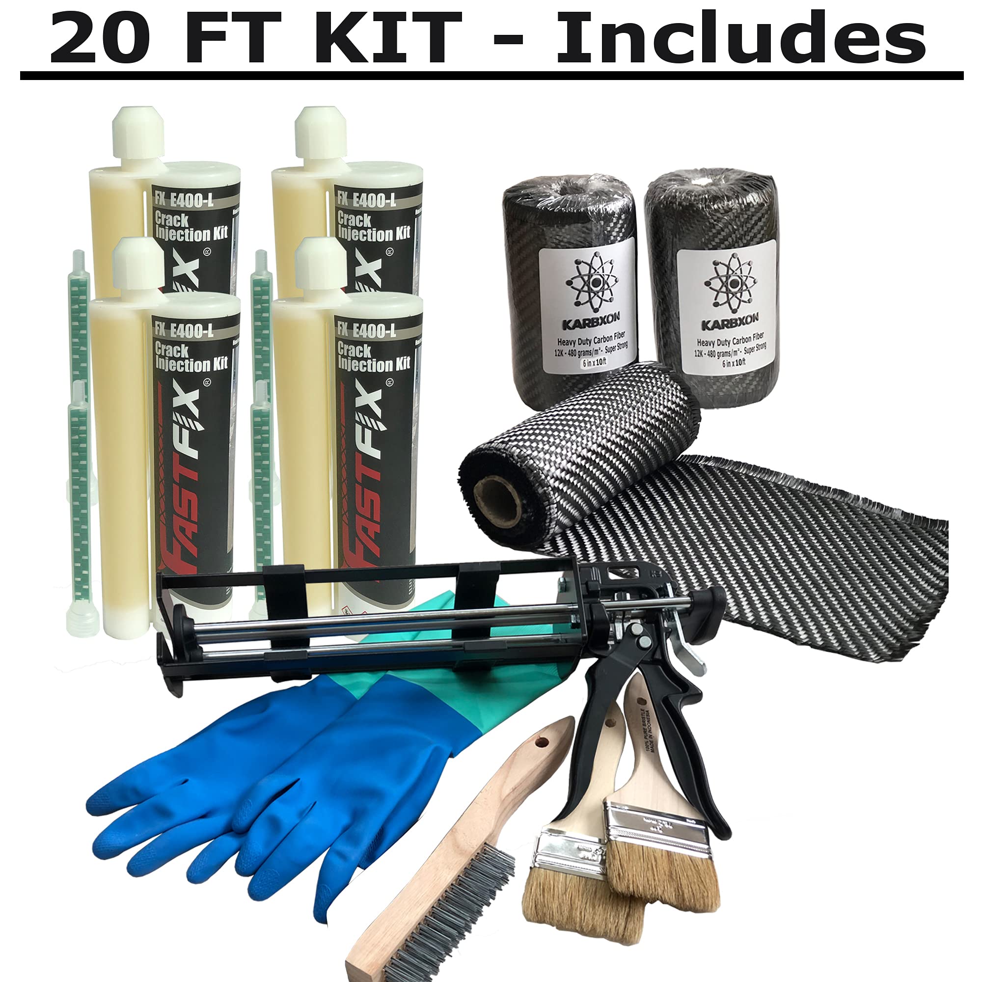 Carbon Fiber Concrete Crack Repair Kit - High Strength Epoxy & Reinforcing Fabric for Basements, Foundations, Walls - Complete DIY Solution (20-Piece) - Ideal for Home Repairs, Structural Reinforcement & Waterproofing