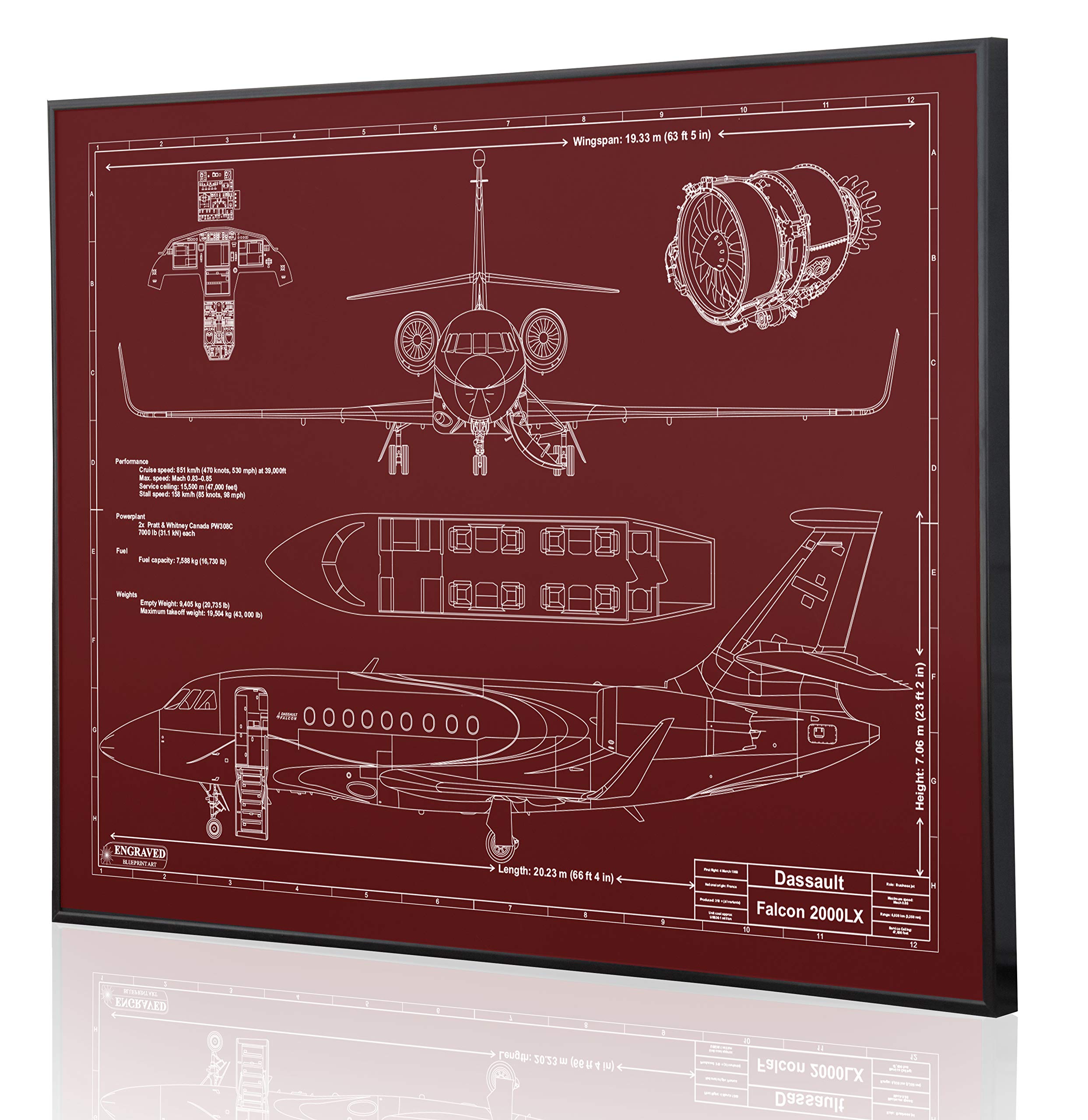 Custom Dassault Falcon 2000LX Blueprint Artwork - Laser Engraved Aviation Decor - Unique Pilot Gift for Home & Office Display