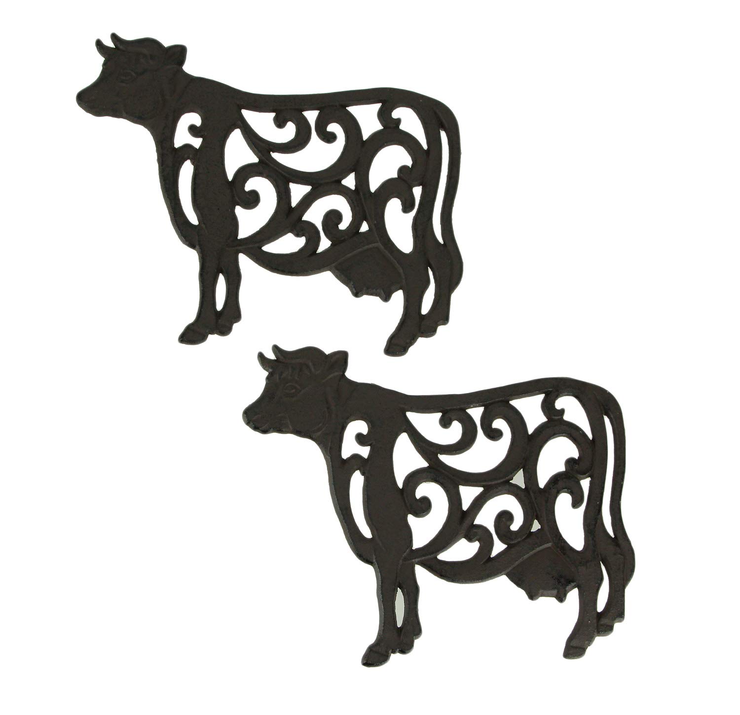 Vintage Brown Cast Iron Cow Floral Scroll Trivets Set of 2 - Heat Resistant Hot Plate Holders for Kitchen, Dining Table, and Farmhouse Decor