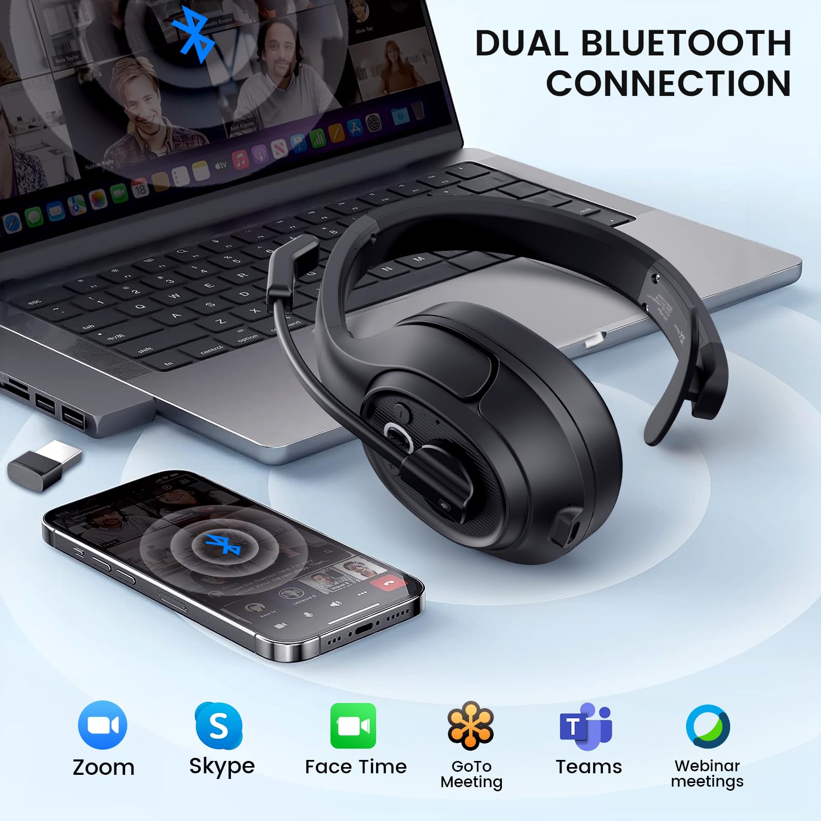 EKSA Bluetooth Trucker Headset - Wireless Headset with Noise Cancelling Mic & USB Dongle, 99ft Range, Volume Control, Single Ear Headphone for PC/Mac/Phone - Perfect for Truck Drivers, Call Centers & Online Gaming