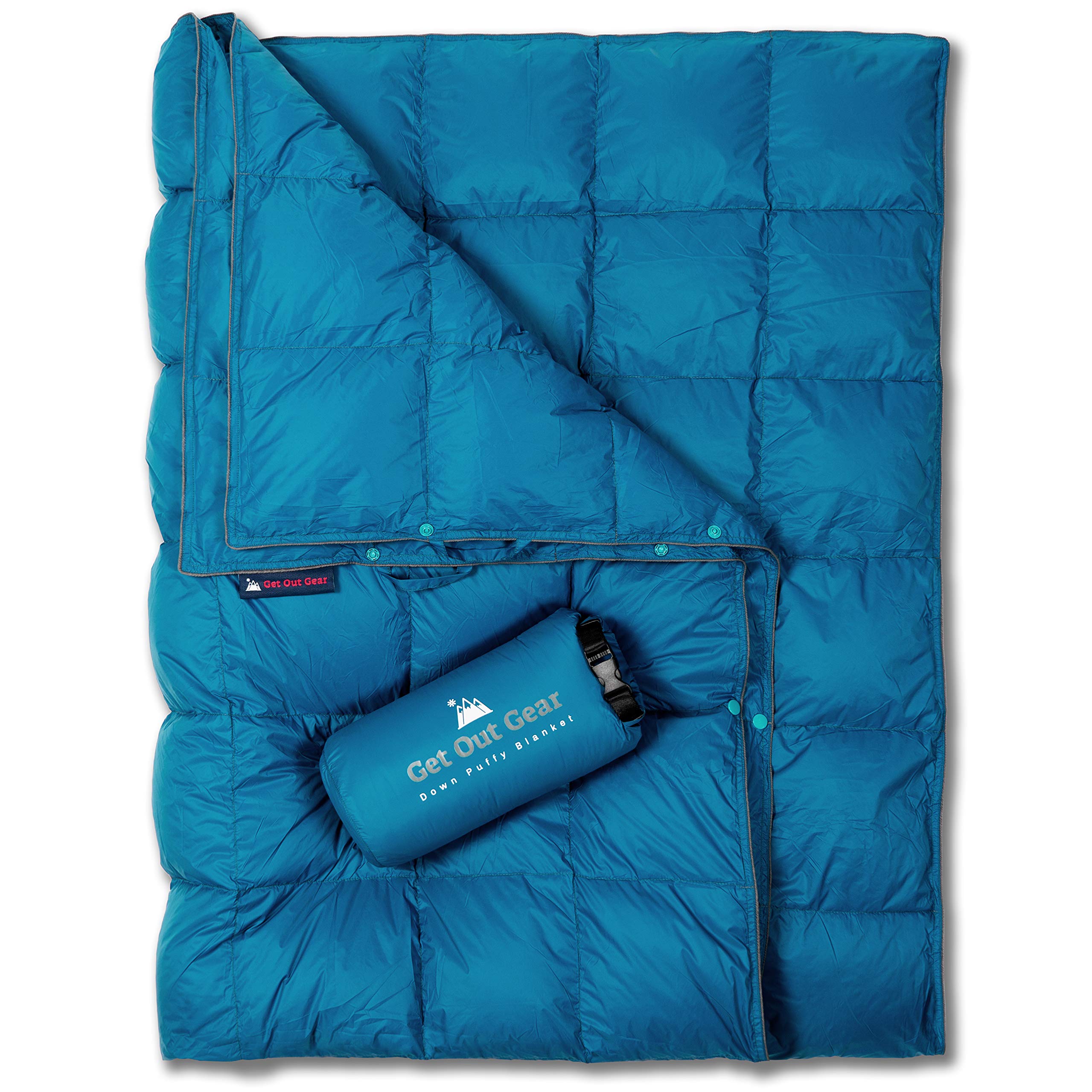 Premium Down Camping Blanket - 650 Fill Power Water-Resistant Puffy Quilt | Ultra Lightweight & Packable for Backpacking | Warm Teal Blue & Orange Outdoor Blanket | Perfect for Camping, Hiking, Picnics & Travel Accessories