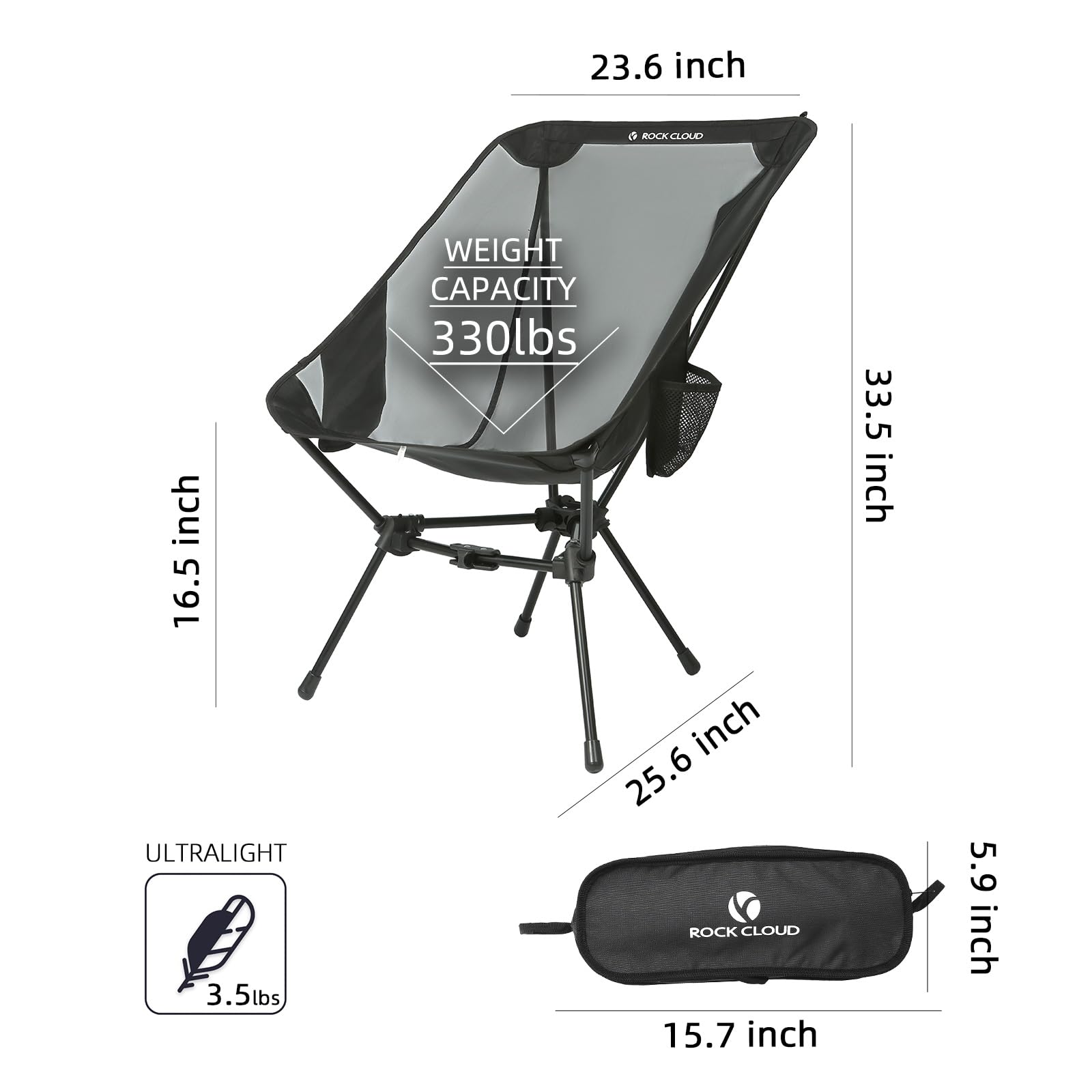 ROCK CLOUD Ultralight Folding Camping Chair - Portable Compact Outdoor Chair for Camping, Hiking, Backpacking, Beach & Lawn Sports (Large, Black) - Perfect for Picnics, Tailgating & Outdoor Adventures