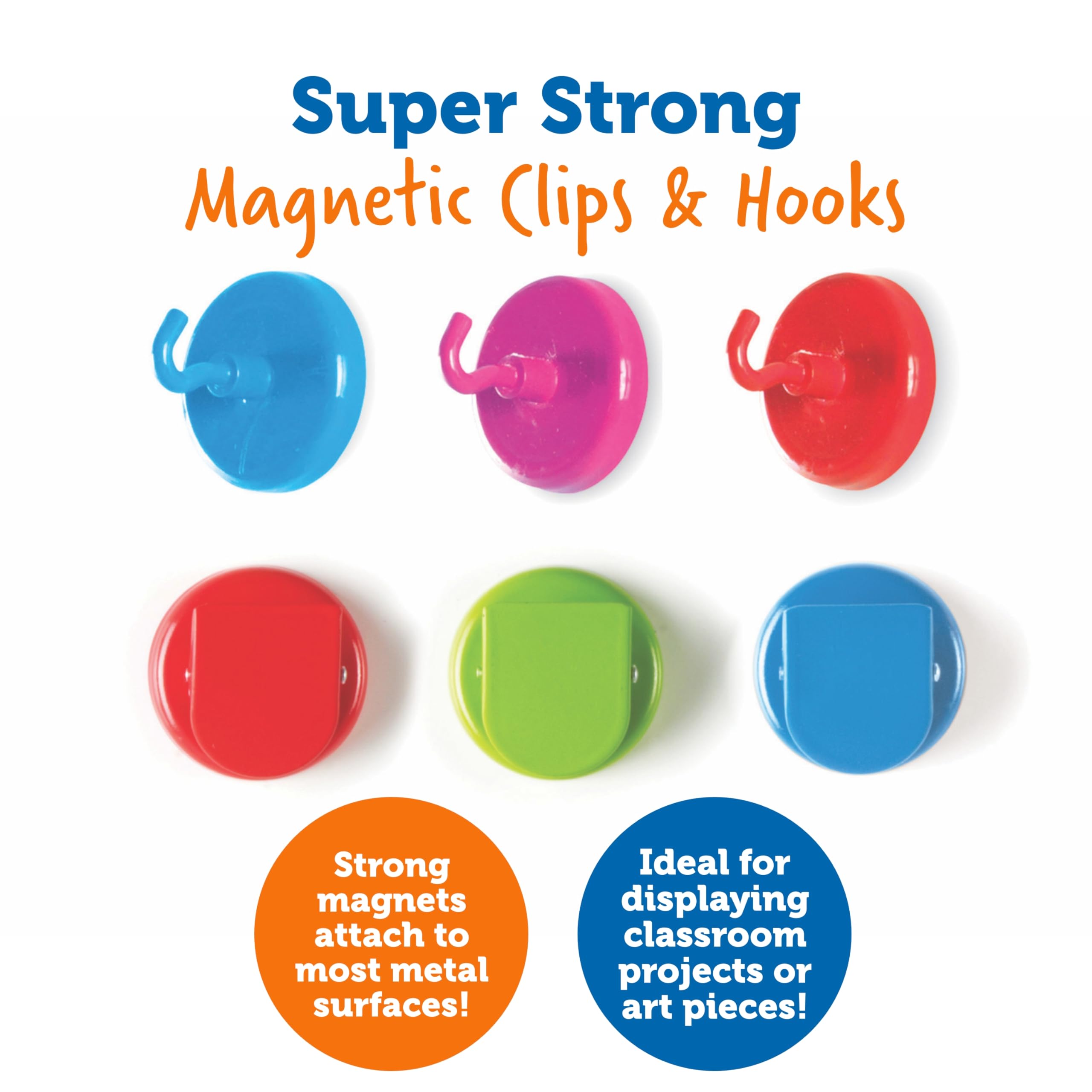 Learning Resources Super Strong Magnetic Hooks & Clips - 6-Piece Set in 4 Colors for Classroom, Homeschool, Office & Home Organization - Perfect for Whiteboards, Lockers, Fridges & DIY Projects