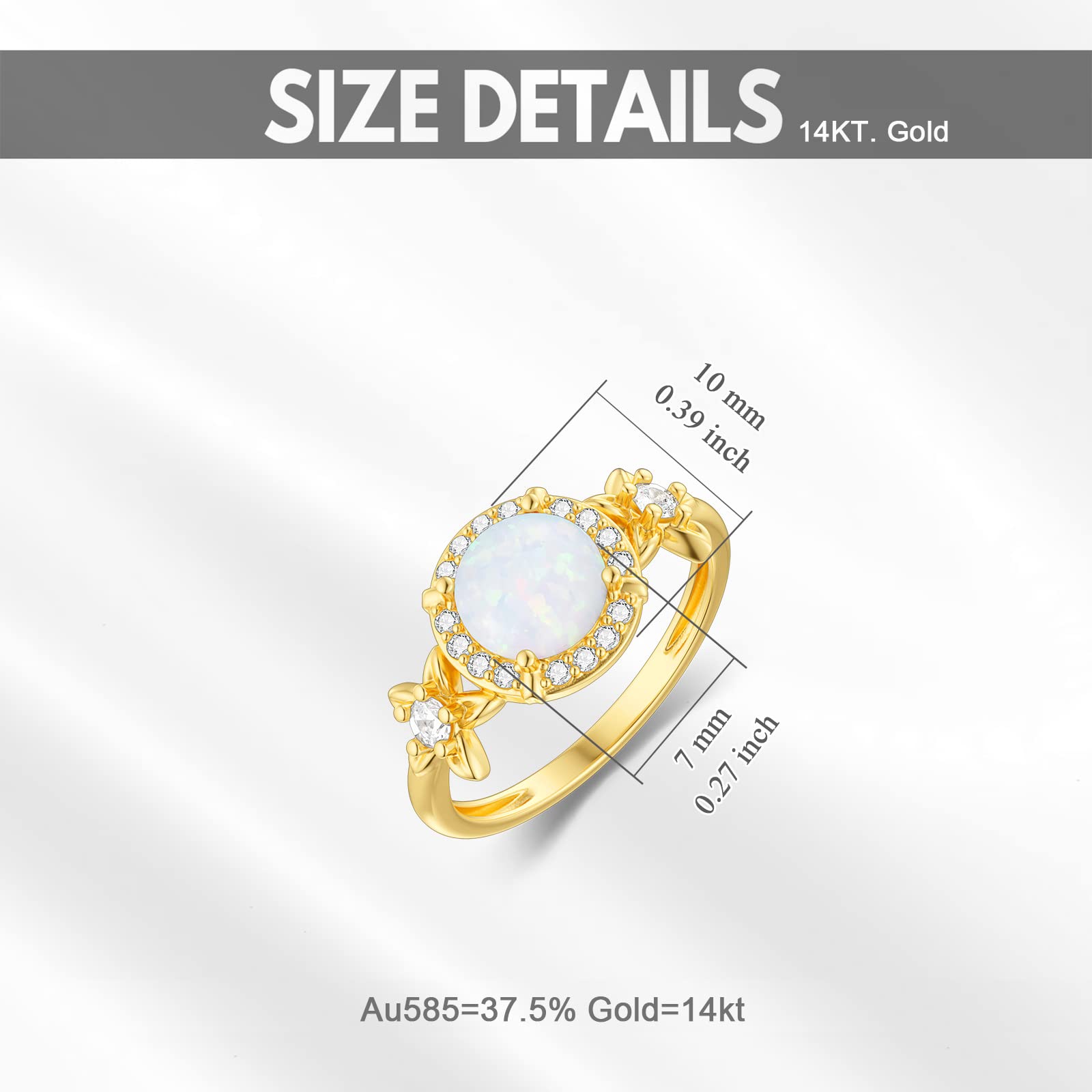 14K Yellow Gold Opal Ring for Women - Solid Gold White Opal Halo Engagement Ring - Wedding, Anniversary, Birthday Gift for Wife, Girlfriend - Elegant Jewelry for Everyday Wear & Special Occasions (Sizes 4-11)