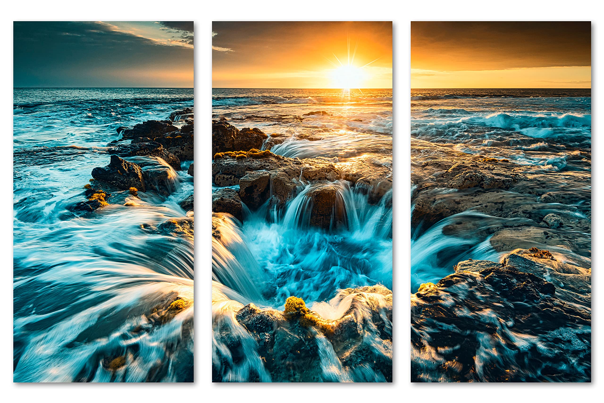 48x32 TOTAL - Pools of Paradise Canvas Print Wall Art Sunset 3 Panel Split Big Island Hawaii Coast - Perfect for Living Room, Bedroom & Office Decor