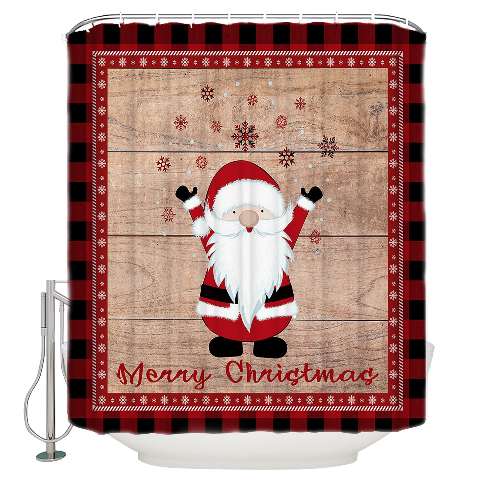 Christmas Santa Claus Shower Curtain - Waterproof Fabric Bathroom Decor with Hooks, Red Black Plaid Wood Texture for Holiday Home Decor - Perfect for Christmas Bathroom Makeover & Festive Home Styling