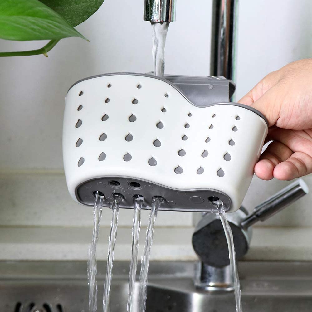 Adjustable Silicone Kitchen Sink Caddy & Sponge Holder with Drain Holes - 2 Pack for Faucet Mounting | Perfect for Organizing Soap, Sponges & Cleaning Tools in Modern Kitchens