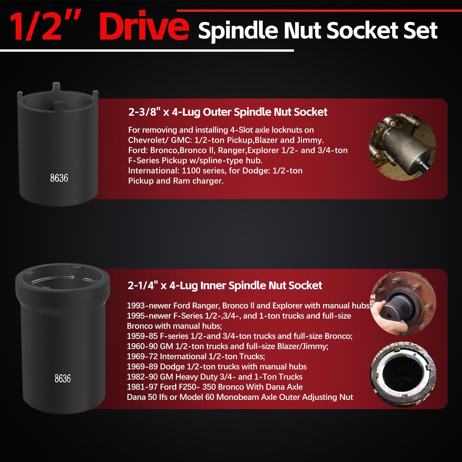 5-Piece Spindle Nut Socket Tool Kit - 1/2