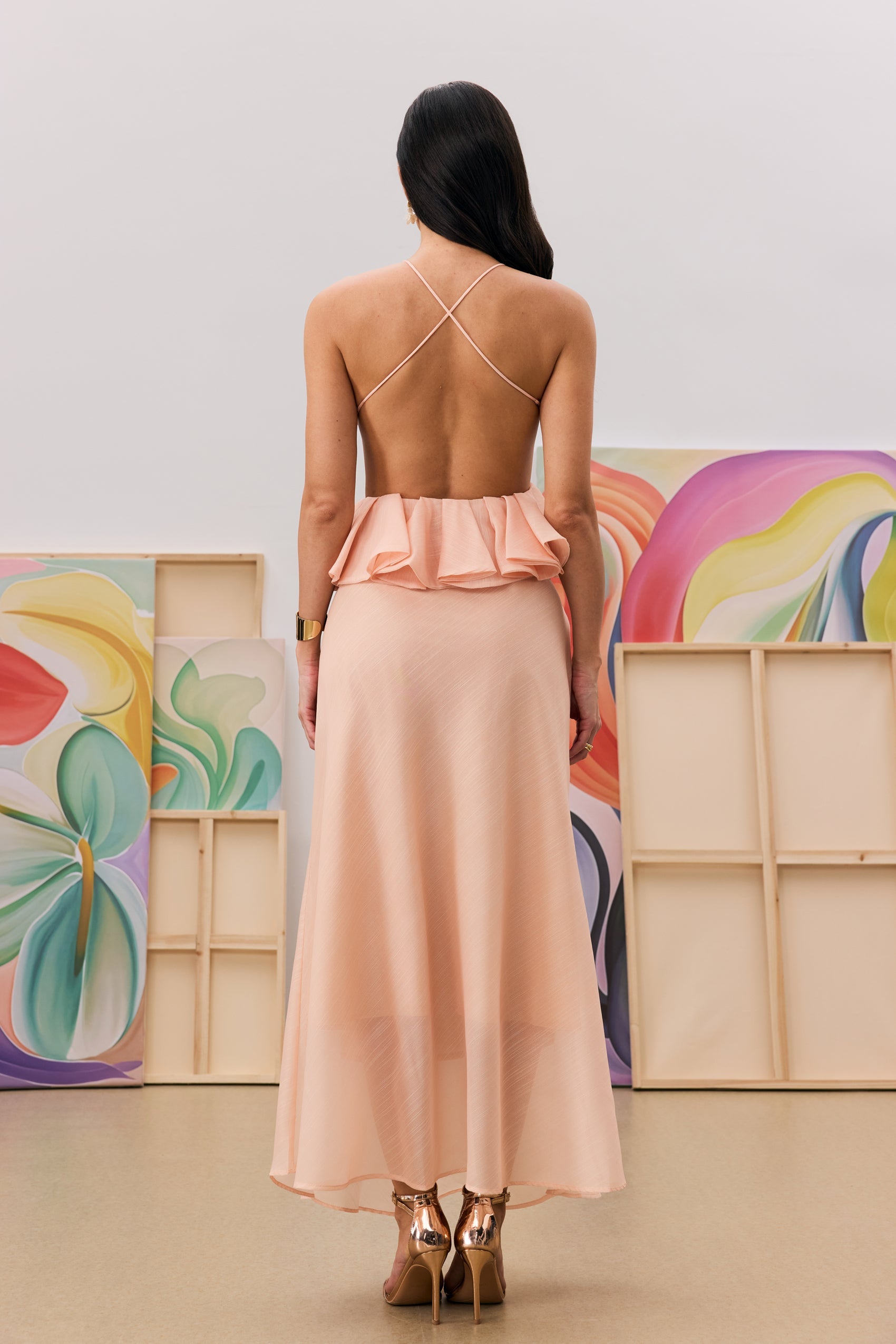 Aurora Halter Neck Ruffle Maxi Dress in Pink - Elegant Summer Beach Wedding Party Dress for Women