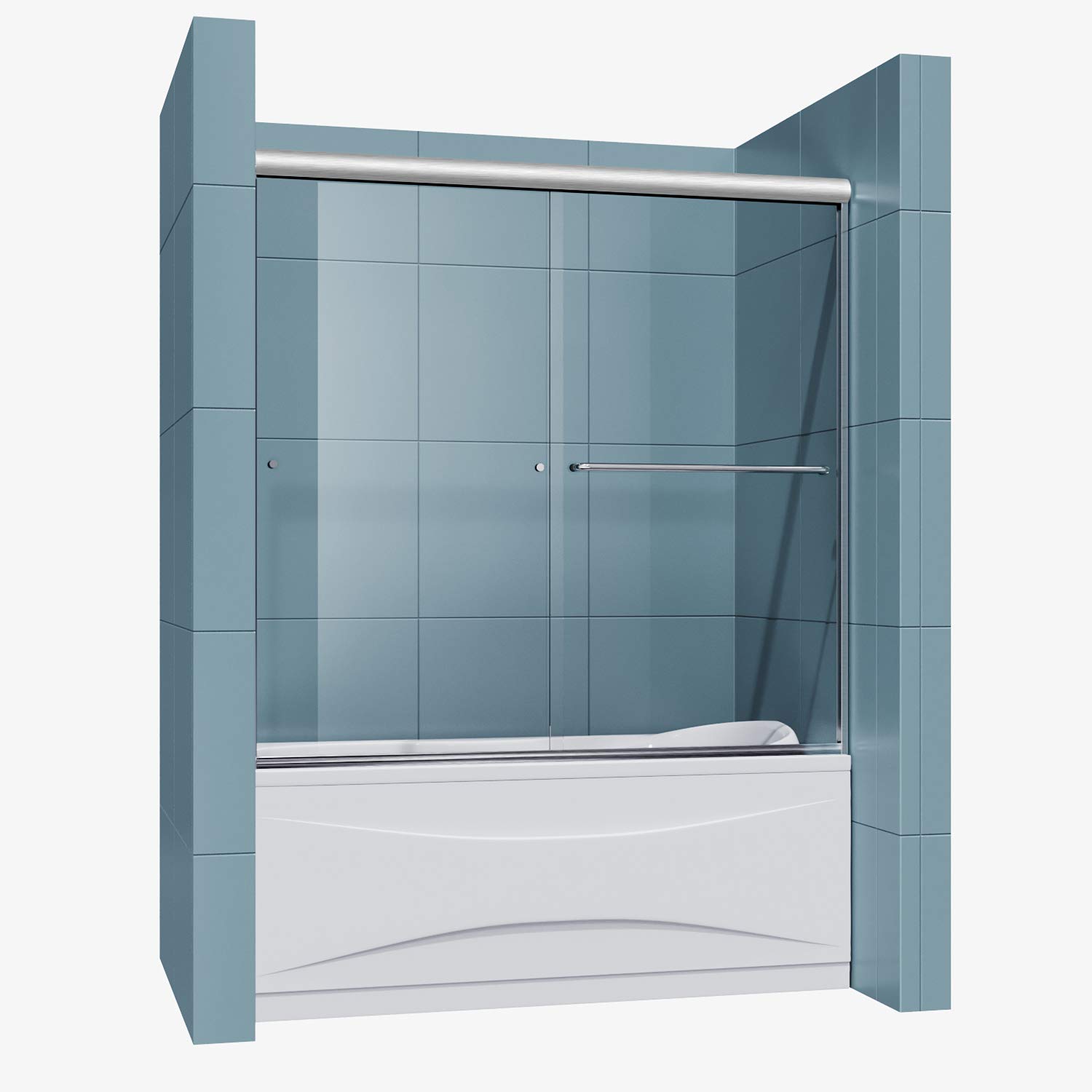 60W x 57.4H Inch Clear Glass Sliding Shower Door for Bathtub - 1/4 Inch Thick Double Sliding Shower Enclosure with Brushed Nickel Finish - Perfect for Modern Bathroom Renovation & Spa-Style Shower Experience