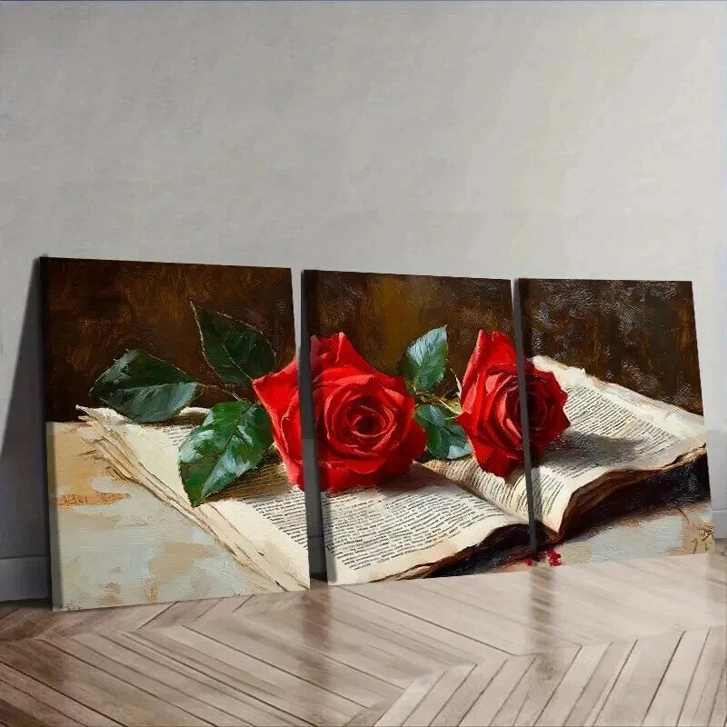 3-Piece Red Roses Newspaper Wall Art Set - Framed Canvas 50x70cm | High Quality Print | 100% Australian Made | Ready to Hang | Perfect for Living Room, Bedroom & Office Decor