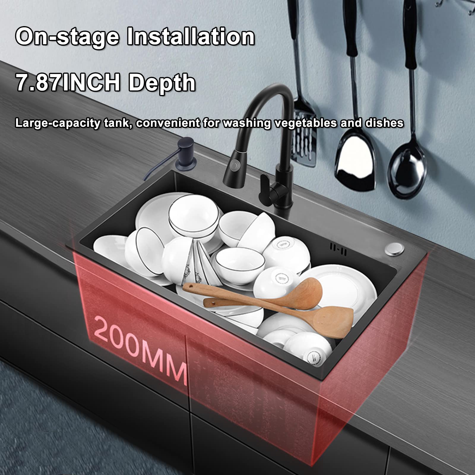 Premium 304 Stainless Steel Undermount Single Bowl Kitchen Sink with Faucet - Large Capacity, Thick Nano Black Finish - Perfect for Home Cooking, Dishwashing & Entertaining