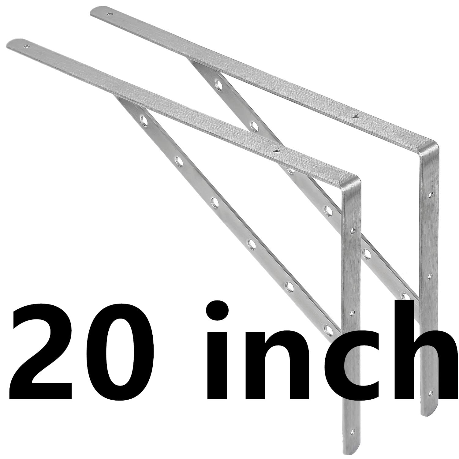 20 Inch Heavy Duty Stainless Steel Shelf Brackets (1 Pair) - Solid Triangle Wall Shelf Supports Holds 500 lbs - Silver - Perfect for Floating Shelves, Bookshelves, Kitchen Storage & Garage Organization