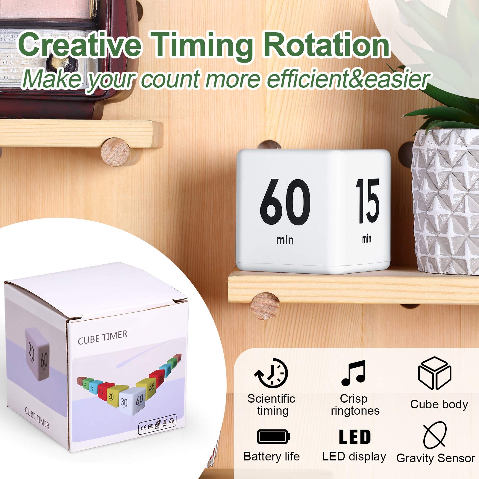 Weewooday 2.6 Inch White Cube Timer - ADHD Focus Tool with Gravity Sensor for Productivity, Workouts & Time Management (15/20/30/60 Min Settings) - Perfect for Studying, Cooking, Office & Classroom Use