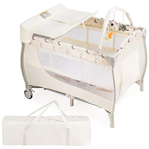 BABY JOY 3-in-1 Portable Baby Playard with Bassinet & Changing Table | Foldable Travel Crib with Storage Shelf, Brake Wheels & Carry Bag | Convertible Playpen for Newborns & Infants | Perfect for Home, Nursery & Travel