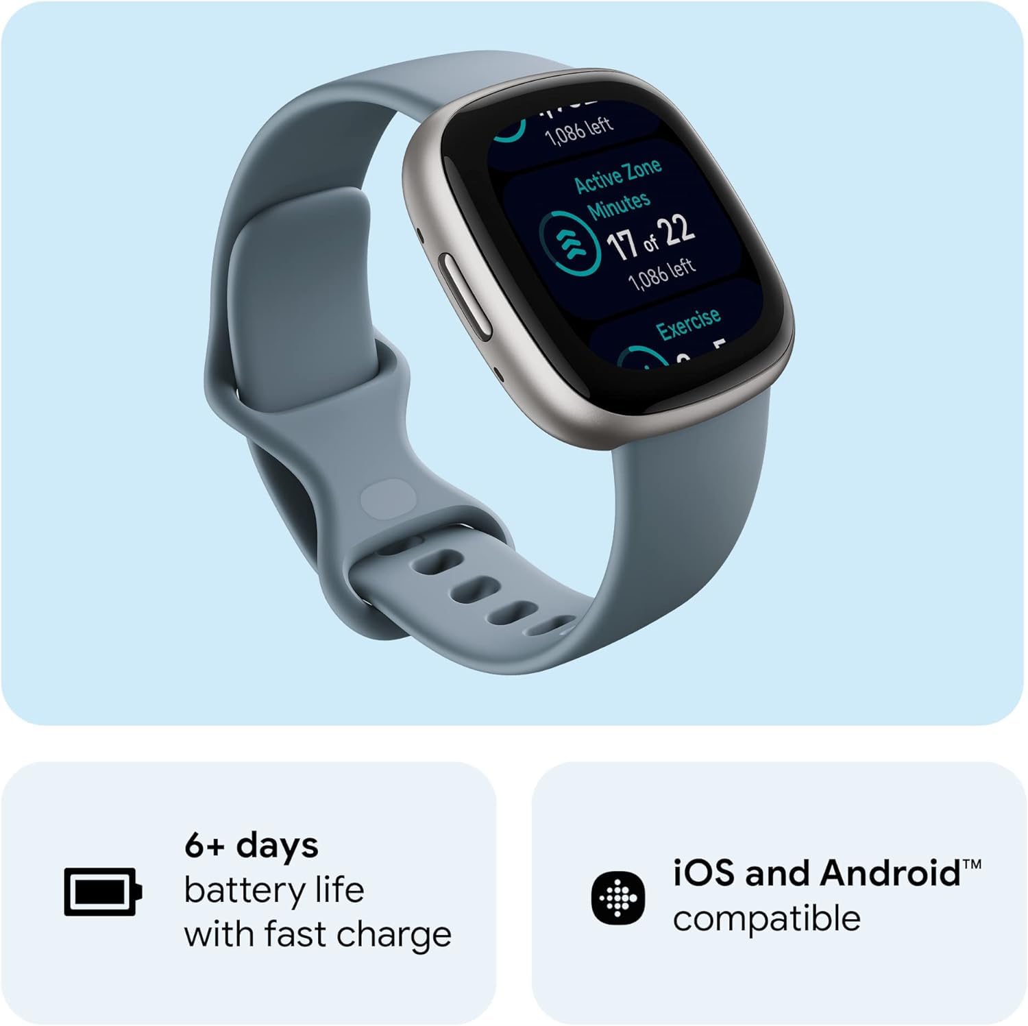 Fitbit Versa 4 Smartwatch with GPS, Heart Rate Monitor & 40+ Exercise Modes - Waterfall Blue/Platinum Bundle (Includes Cleaning Cloth & Charger) | Fitness Tracker for Running, Swimming, Cycling & Sleep Tracking | Ideal for Men & Women Active Lifestyles & Workouts