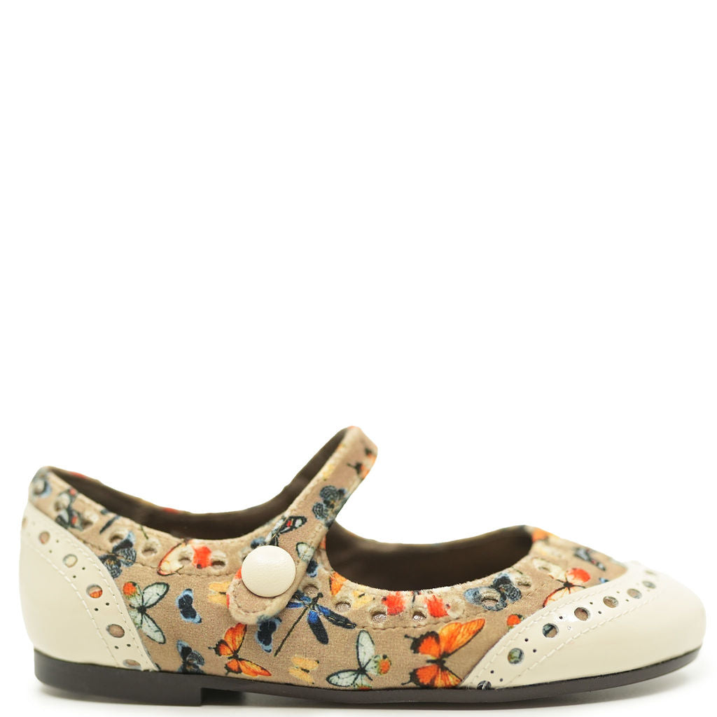 Butterfly & Cream Wingtip Mary Jane Shoes for Girls - Elegant Floral Design Comfortable Dress Shoes for Weddings, Parties & Special Occasions