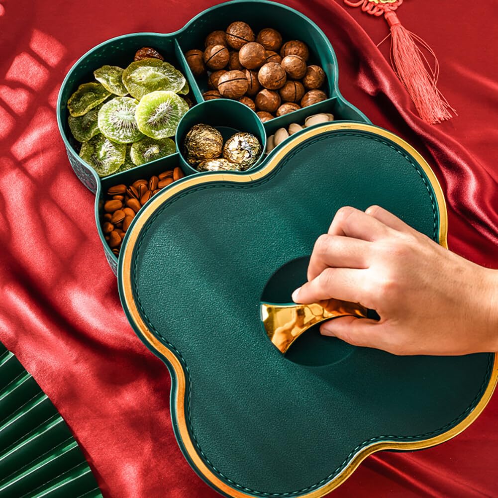 5-Compartment Divided Serving Tray with Lid - Airtight Food Storage Container for Christmas Party, Veggies, Snacks, Fruits, Nuts, Candy & Cookies | Perfect for Holiday Entertaining, Picnics & Kitchen Organization (Green)
