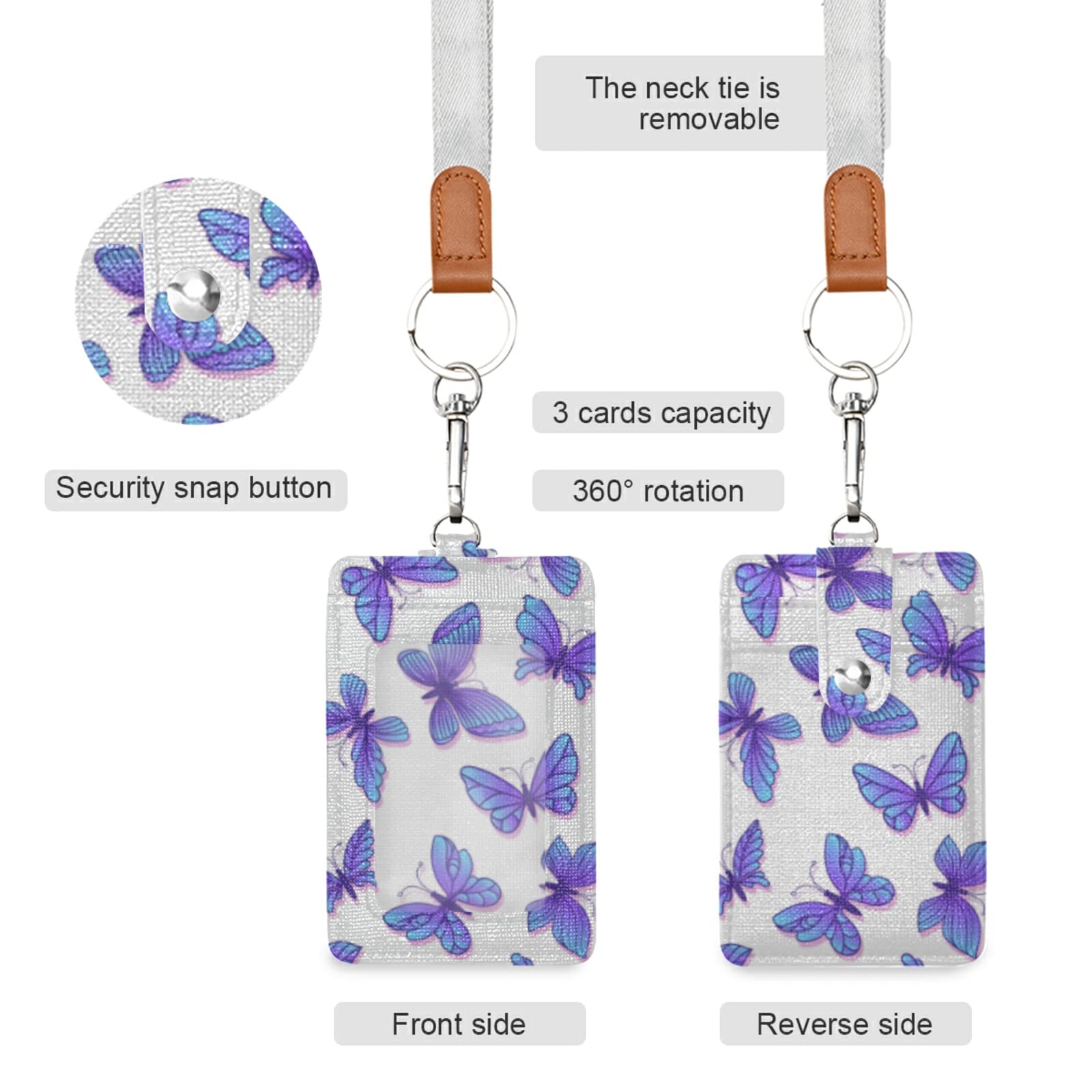 Vertical Leather ID Badge Holder with Lanyard - Purple Butterflies Design for Office & School Staff