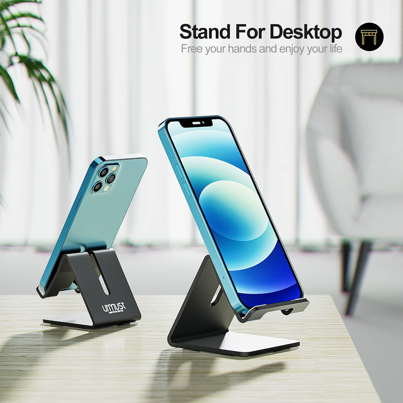 Urmust Adjustable Angle Phone Stand - Black | Universal Smartphone Holder for Desk, Bed, Car & Office | Perfect for Video Calls, Watching Movies & Hands-Free Use