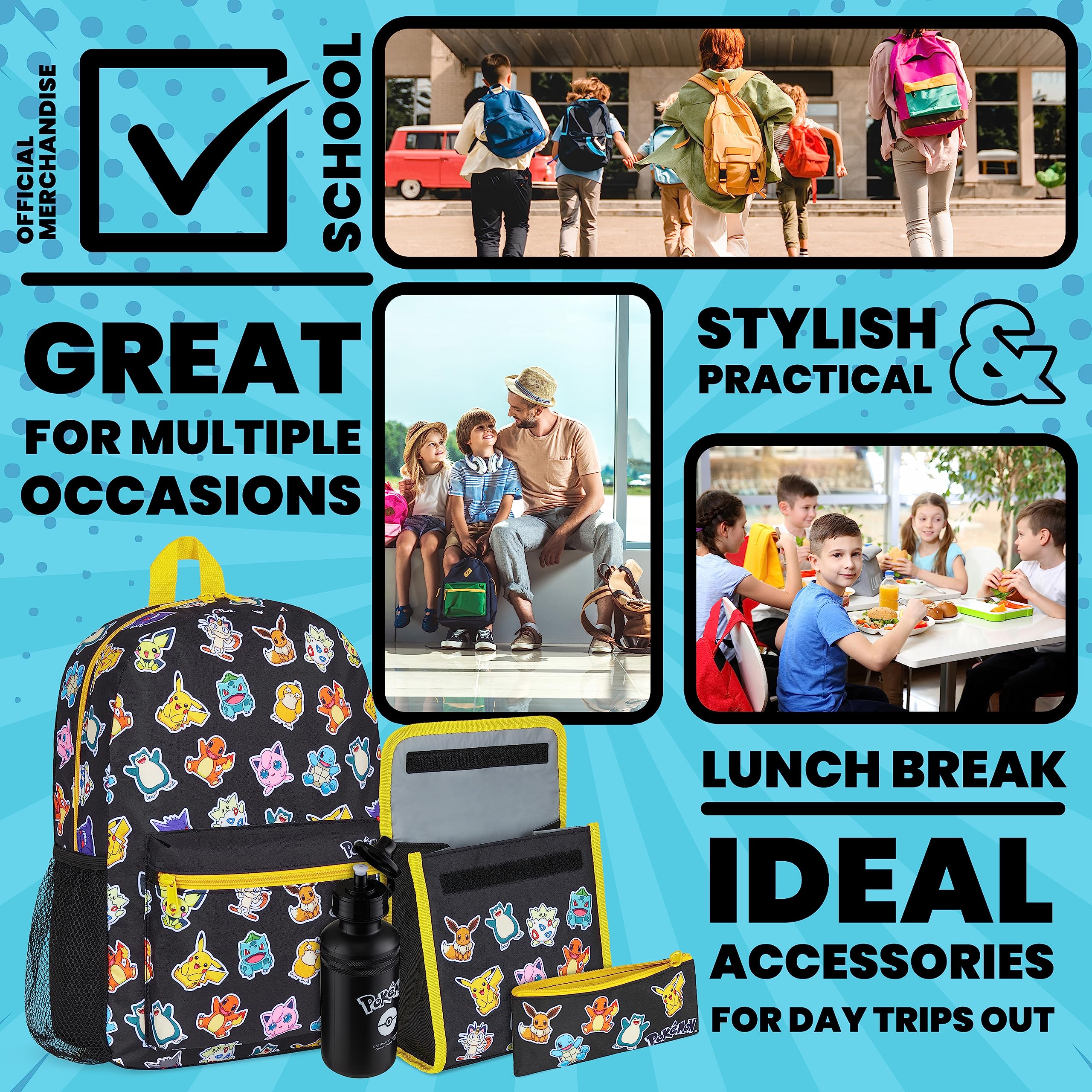 Pokemon Kids Backpack 4-Piece School Set - Pikachu Themed Insulated Lunch Box, BPA-Free 500ml Water Bottle, Pencil Case & Rucksack - Back to School Supplies for Boys (Black/Multi) - Perfect for School, Travel & Outdoor Adventures