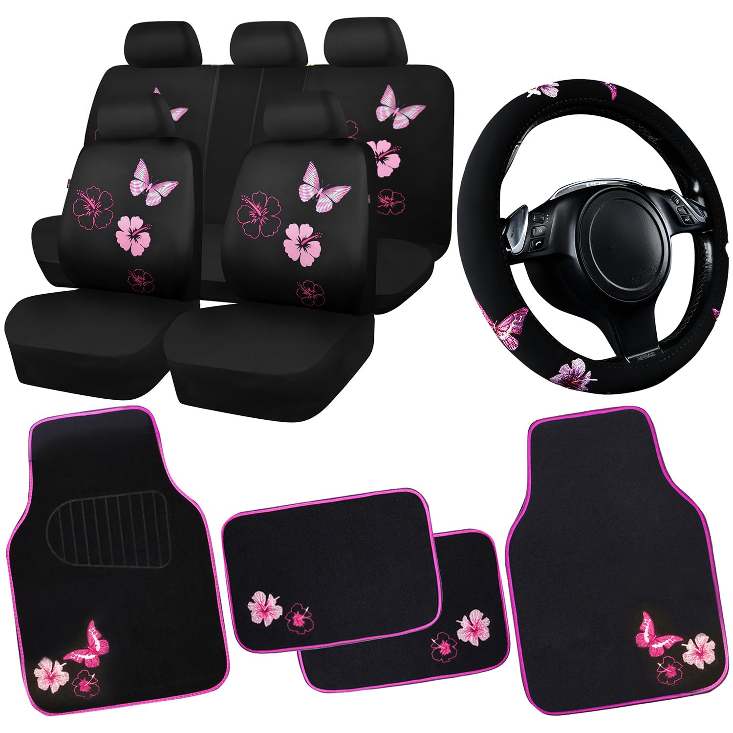 Universal Cloth Butterfly Car Seat Covers Full Set - Waterproof Embroidered Flower Car Floor Mats & Steering Wheel Cover - Black and Pink Interior Accessories for Sedan, SUV, Minivan | Perfect for Daily Commute, Road Trips & Car Protection
