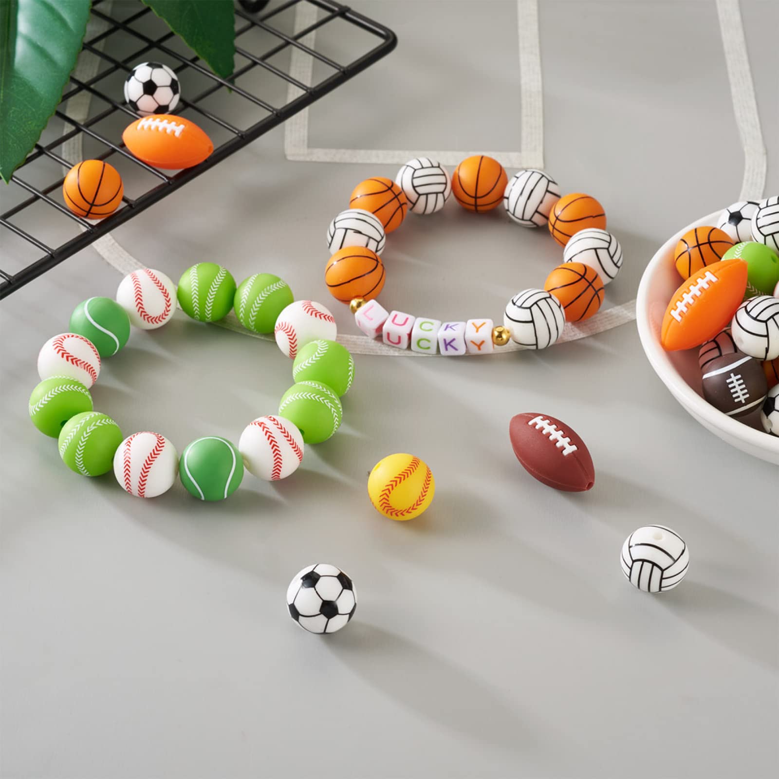 54Pcs Sports Silicone Beads Bulk for Soccer Basketball Volleyball Baseball Rugby - DIY Keychain Bracelet Jewelry Making Supplies - Perfect for Team Sports Fans, Party Favors & Craft Projects