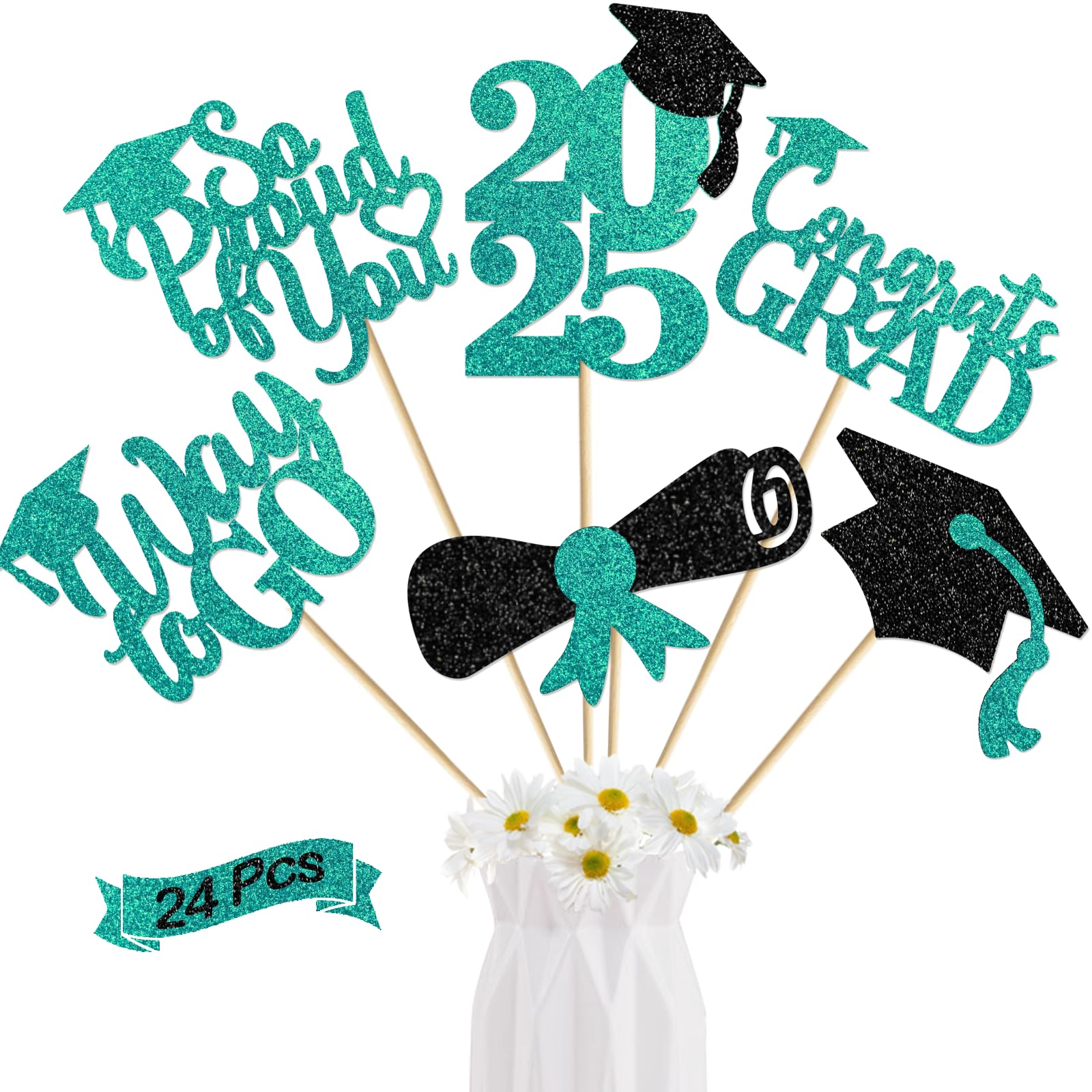 24Pcs Graduation Centerpiece Sticks - Teal Blue 2024 Graduation Party Decorations for Tables, Commencement Ceremony & School Events - Perfect for Graduation Party, Banquet, and Home Decor