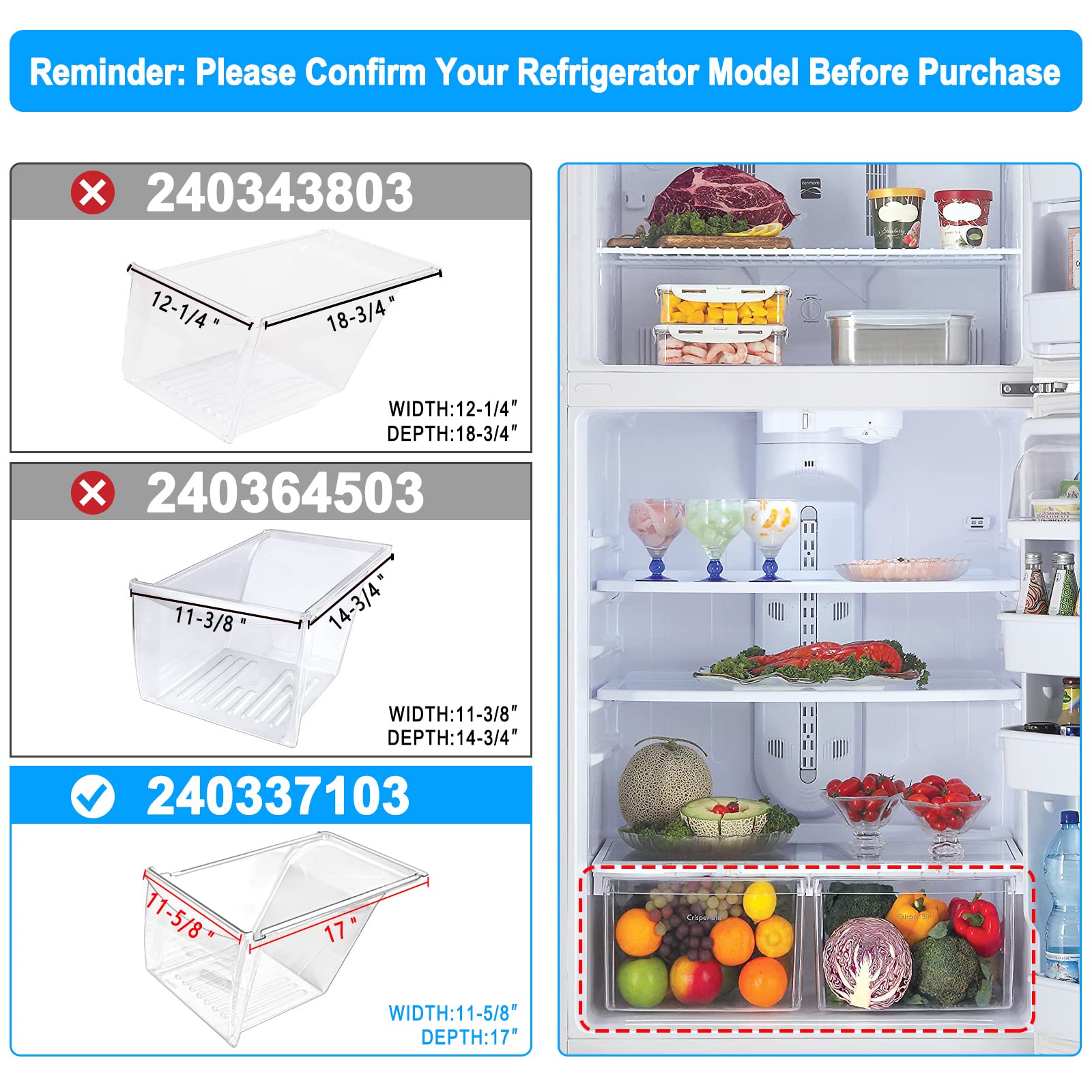 Upgraded 2-Pack Refrigerator Crisper Drawers Bins - Compatible with Frigidaire & Kenmore Models (Replacement for 240337100, AP2115741, 240323007) - Food-Grade Plastic - Perfect for Fresh Produce Storage in Your Fridge